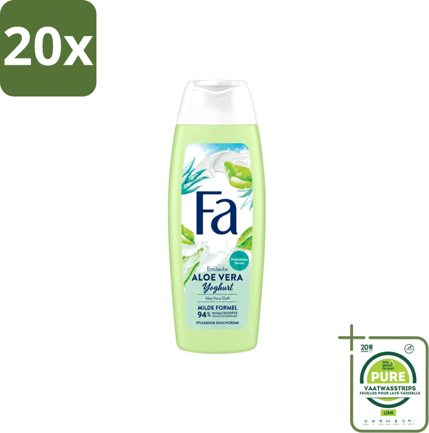 20 x Fa – Douchegel – Yoghurt Aloe Vera – 250 ml - Grootverpakking - Vaatwasstrips - Douchegel Yoghurt Aloë Vera - Huid Verzorging - Milde Reiniging - Hydraterende Douchegel - Gevoelige Huid