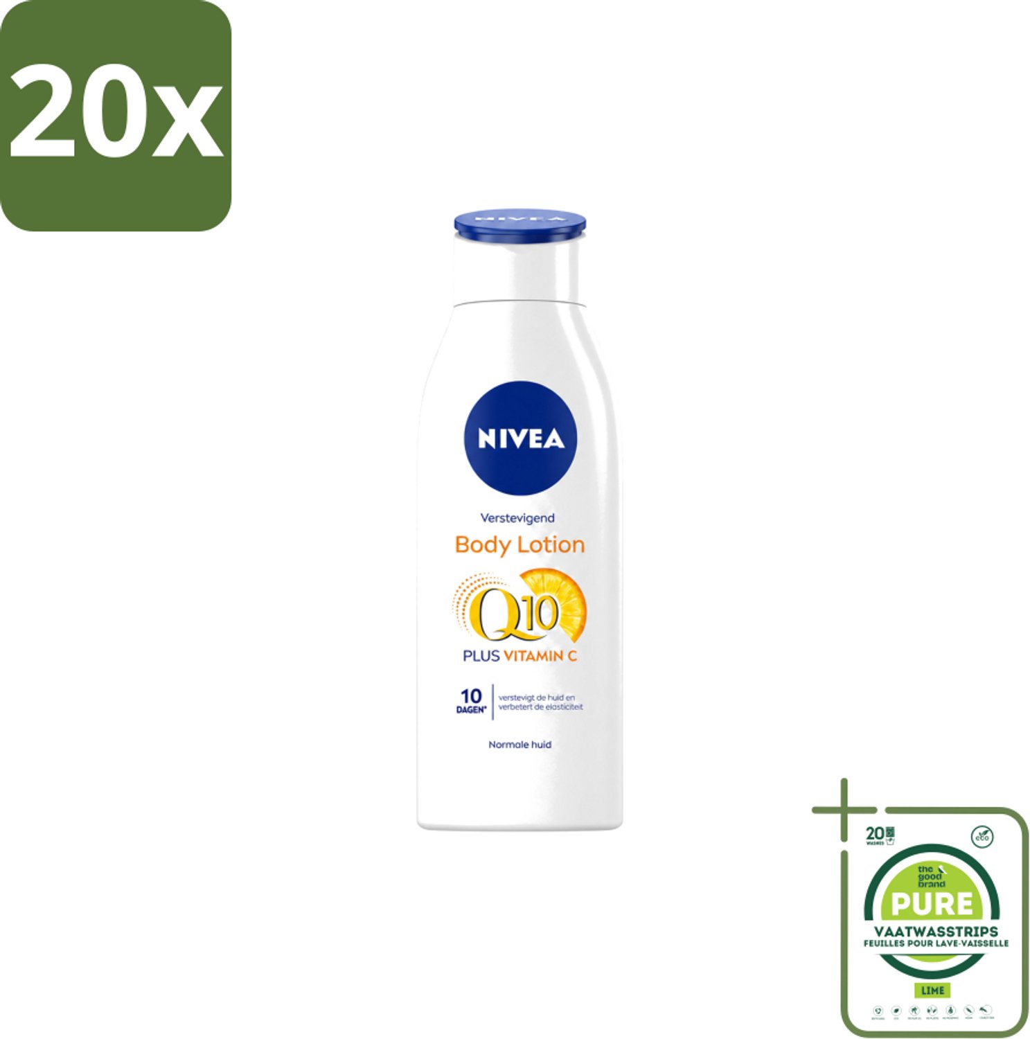 20 x Nivea – Bodylotion – Q10 Plus Verstevigend – 400 ml - Grootverpakking - Vaatwasstrips - Q10 Plus - Huidversteviging - Elastische Huid - Hydratatie - Bodylotion