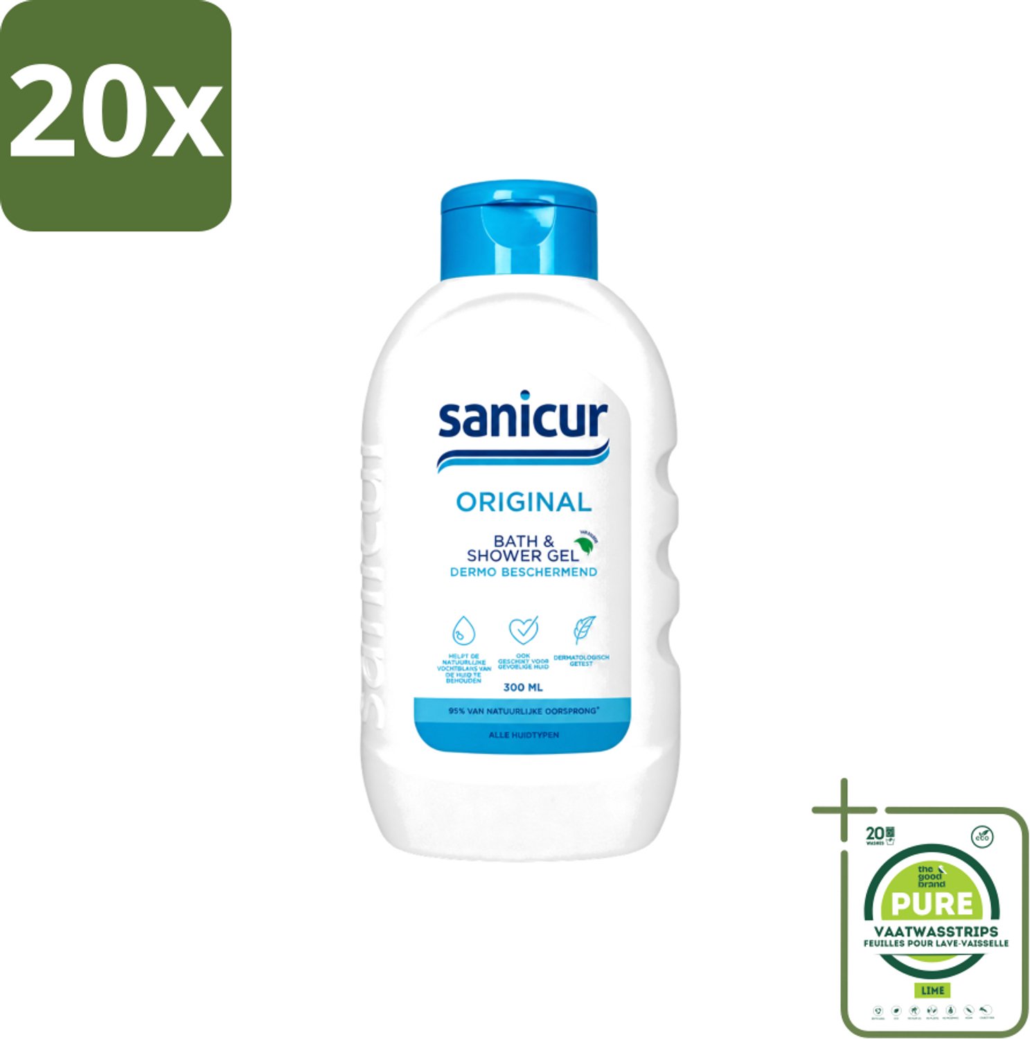 20 x Sanicur – Bad & Douchegel – Original – 300 ml - Grootverpakking - Vaatwasstrips - Bad En Douchegel - Milde Reiniging - Huidverzorging - Hydraterende Gel - Gevoelige Huid