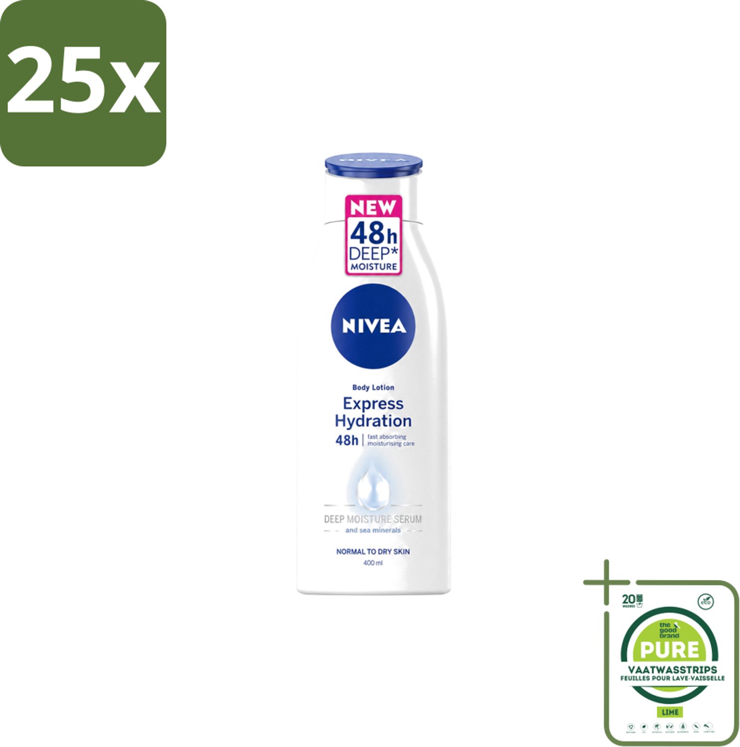 25 x Nivea – Bodylotion – Express Hydration 48H – 400 ml - Grootverpakking - Vaatwasstrips - Bodylotion - Hydratatie - Huidverzorging - 48 Uur Hydratatie - Fris Huidgevoel