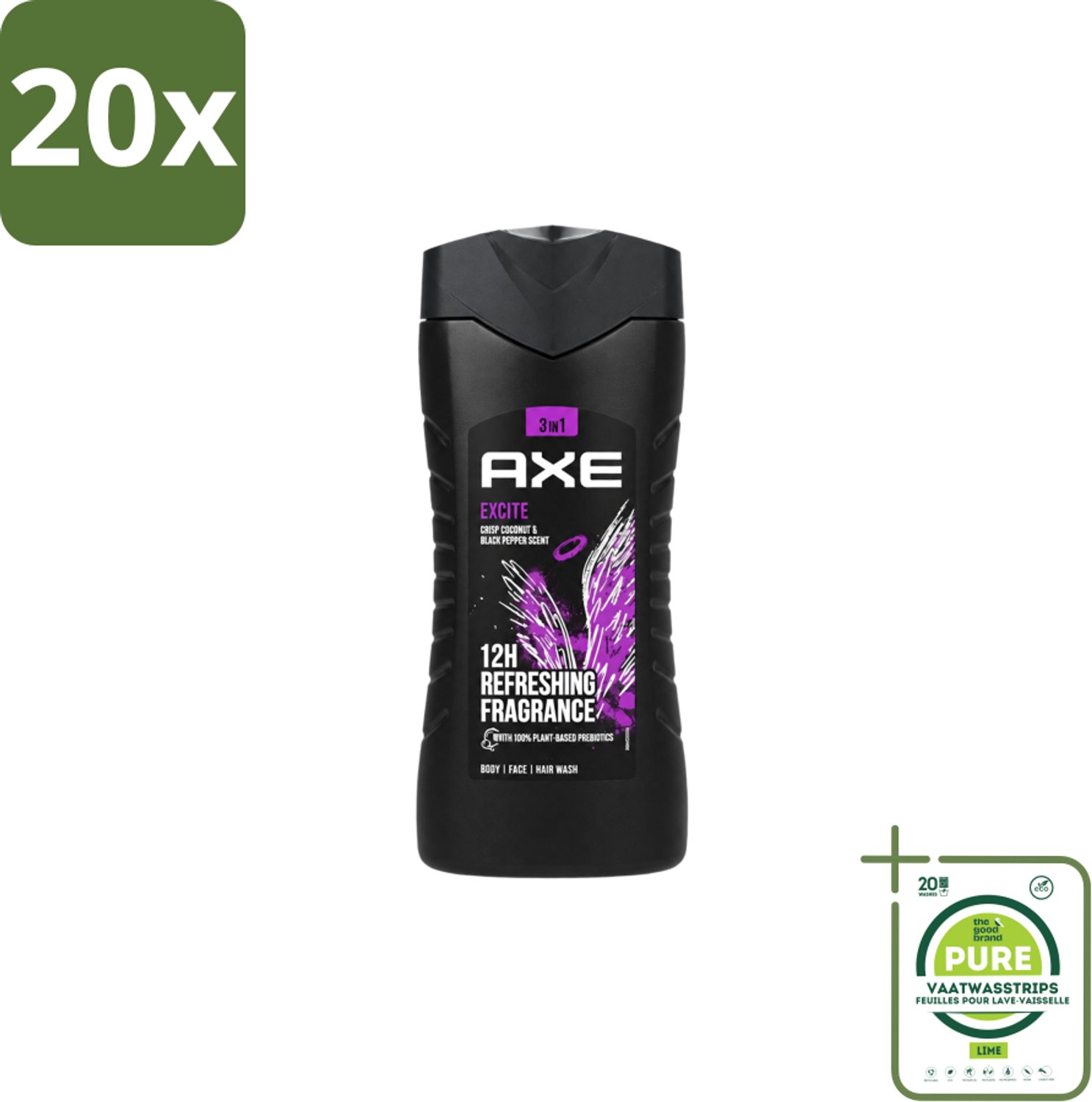 20 x Axe – Douchegel – Excite - 250 ml - Grootverpakking - Vaatwasstrips - Douchegel - Zwarte Peper - Kokosnoot - Mannelijke Geur - Fris Gevoel