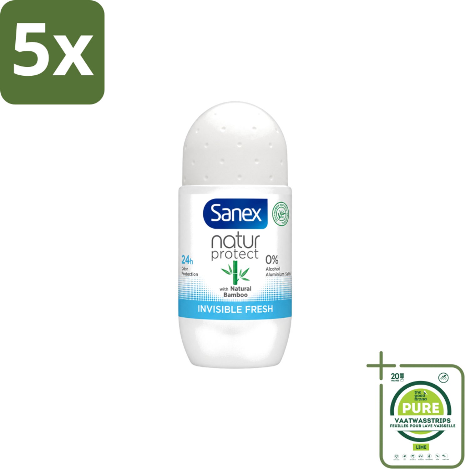 5 x Sanex – Deo Roll-on – Bamboo Invisible Fresh – 50 ml - Grootverpakking - Vaatwasstrips - Deodorant Roll-on - Bamboe - Natuurlijke Frisheid - Kledingbescherming - Witte Vlekken Voorkomen