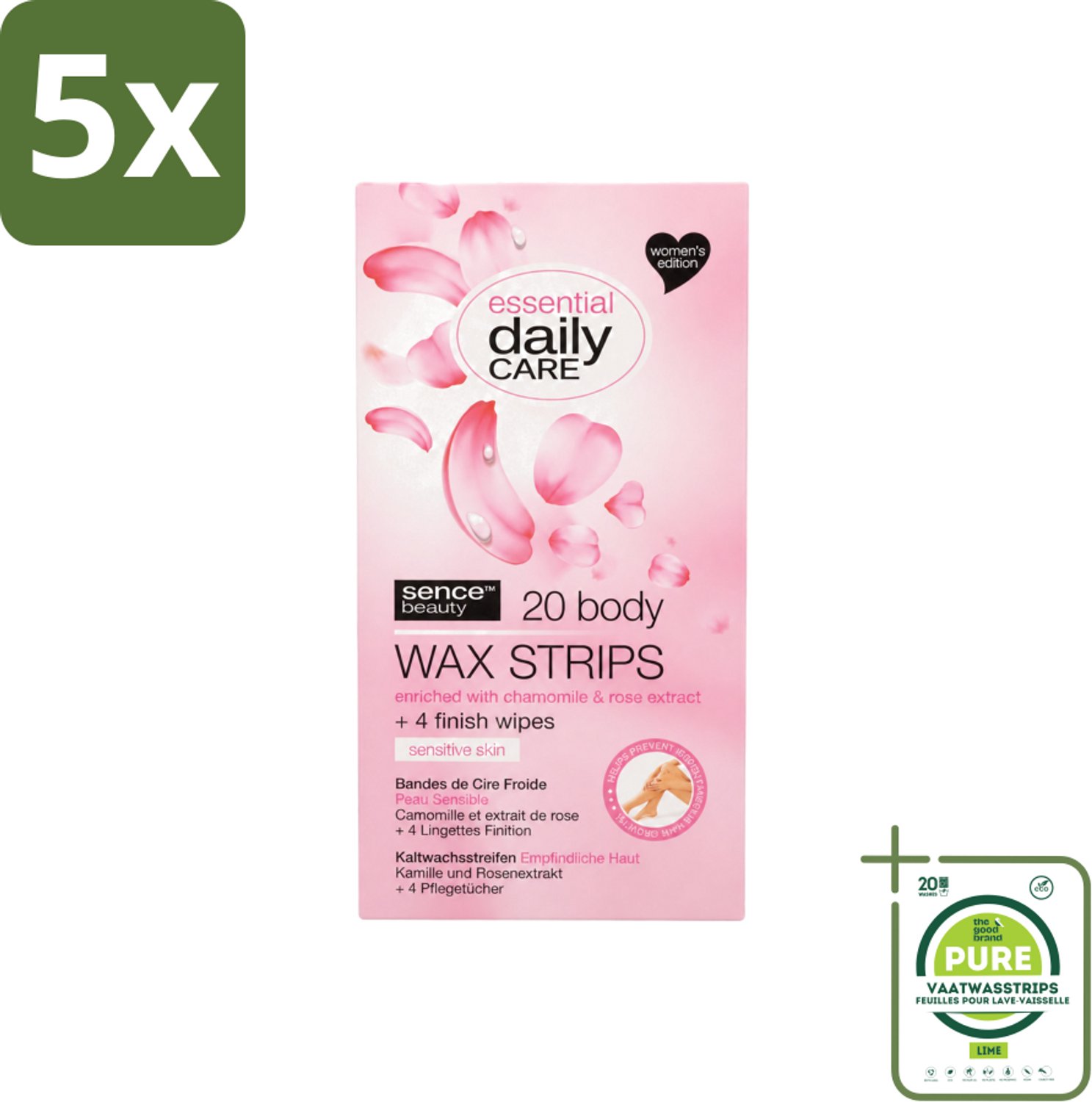5 x Sence – Wax Strips – Lichaam – Ontharing – 20 Strips - Grootverpakking - Vaatwasstrips - Waxstrips Voor Het Lichaam - Ontharen Zonder Scheren - Gevoelige Huid - Kamille Extract - Rozenextract