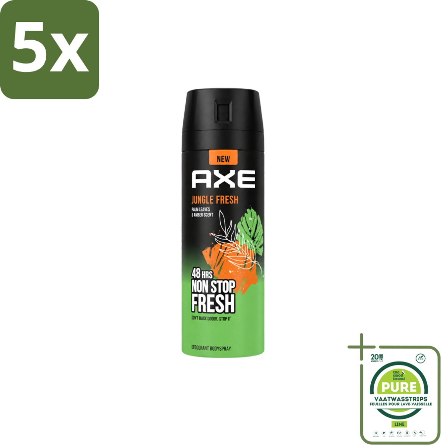 5 x Axe – Deodorant Bodyspray – Jungle Fresh – 150 ml - Grootverpakking - Vaatwasstrips - Frisse Geur - Lichaamsgeur Bestrijding - Zinktechnologie - Palmbladeren Geur - Amber Geur