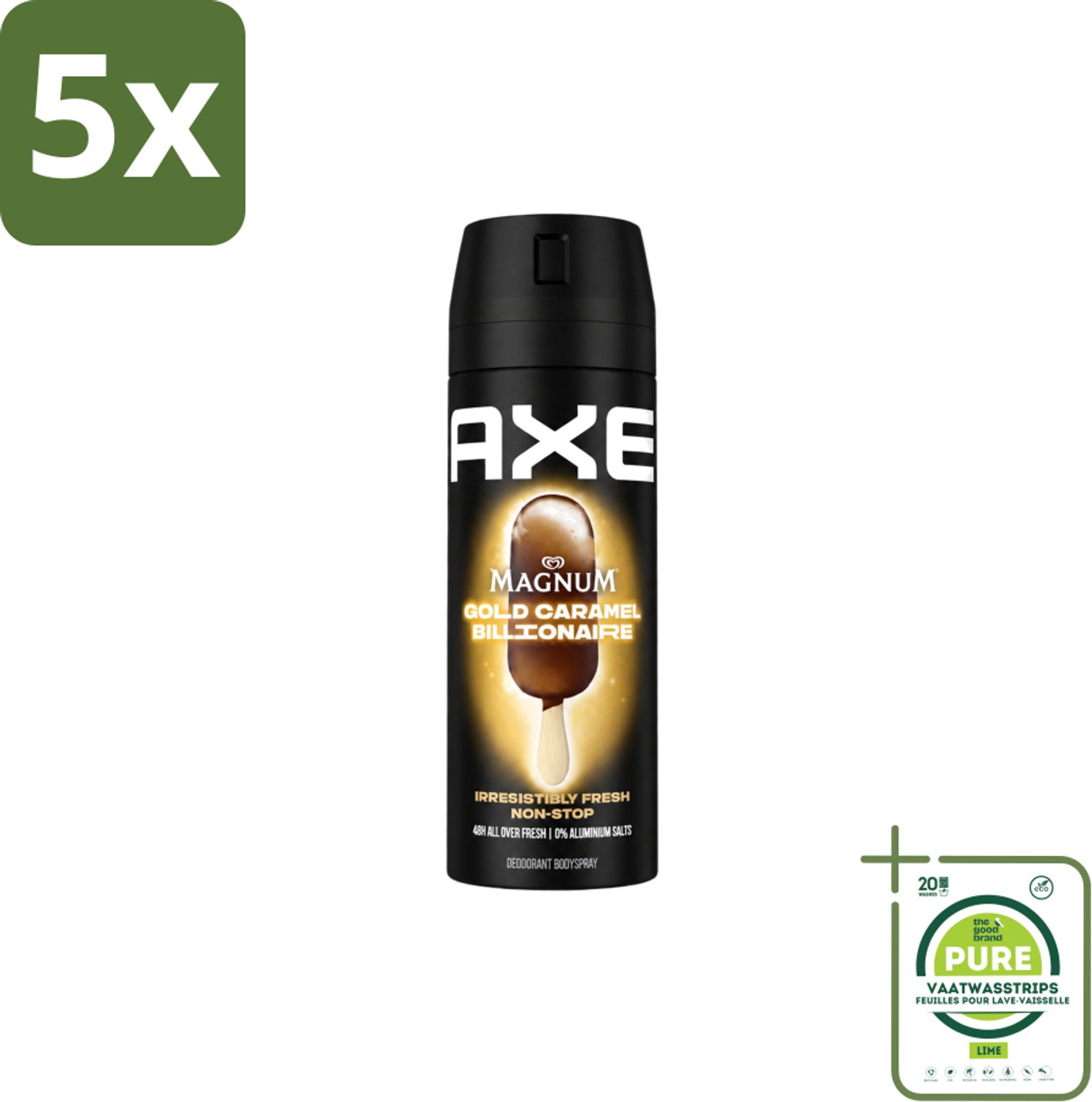 5 x Axe – Deodorant Bodyspray – Magnum Gold Caramel Billionaire – 150 ml - Grootverpakking - Vaatwasstrips - Deodorant - Bodyspray - Luxe Geur - Chocolade Geur - Karamel Geur