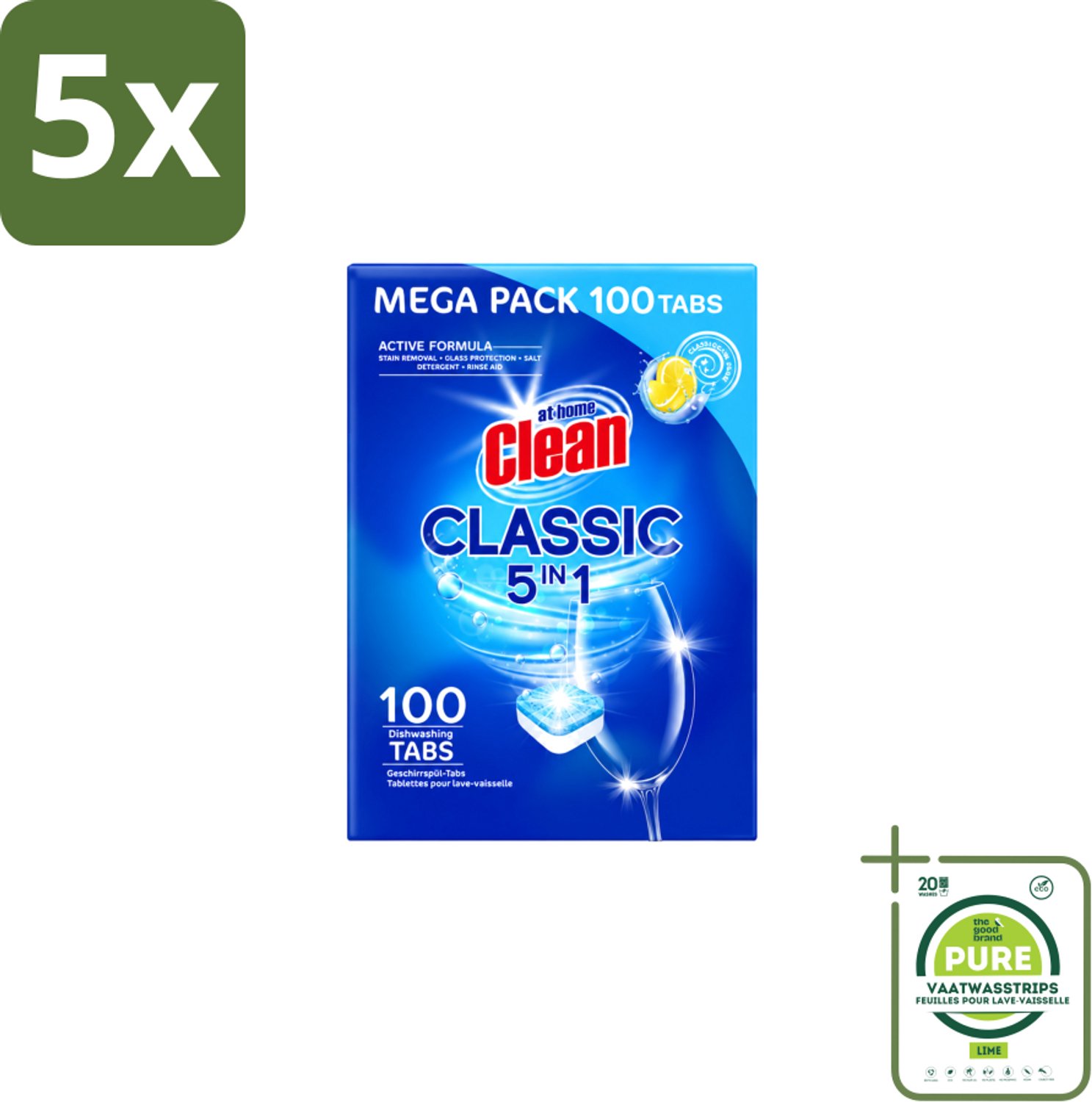 5 x At Home – Vaatwastabletten 5-in-1 – Classic Citroen – 100 Tabs - Grootverpakking - Vaatwasstrips - Vaatwastabletten - Vaatwassen - Reinigen - Citroengeur - Glans