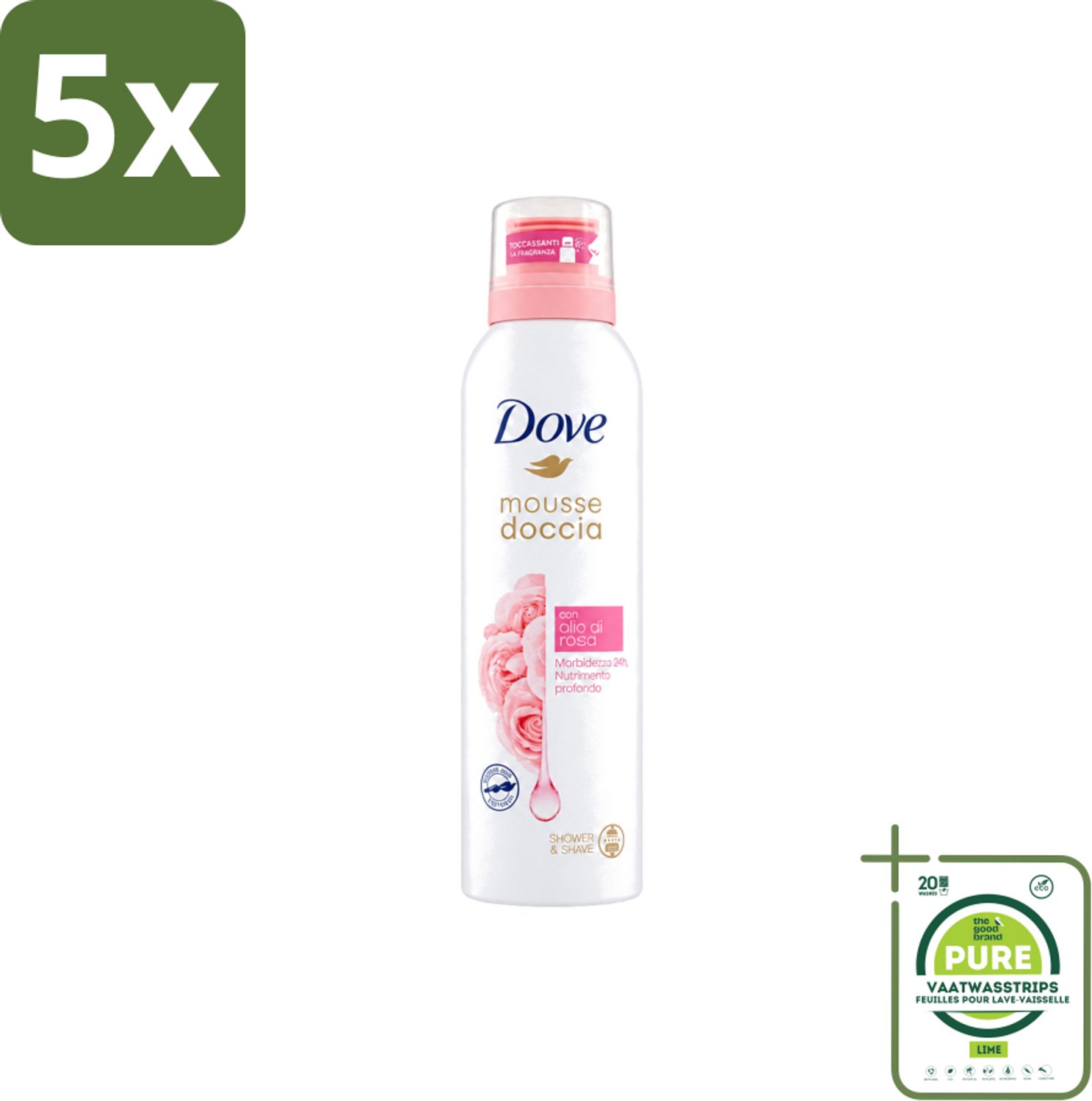 5 x Dove – Douchefoam – Rose Oil – 200 ml - Grootverpakking - Vaatwasstrips - Douchefoam - Rozenolie - Huidverzorging - Hydratatie - Schuim