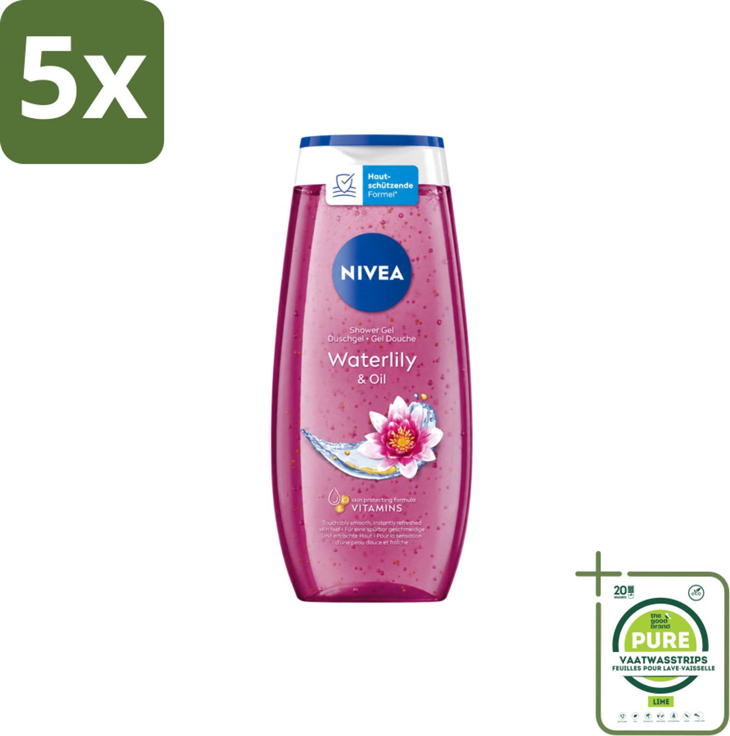 5 x Nivea – Douchegel – Waterlily & Oil – 250 ml - Grootverpakking - Vaatwasstrips - Douchegel - Waterlelie - Huidverzorging - Mild Reinigen - Huidcomfort