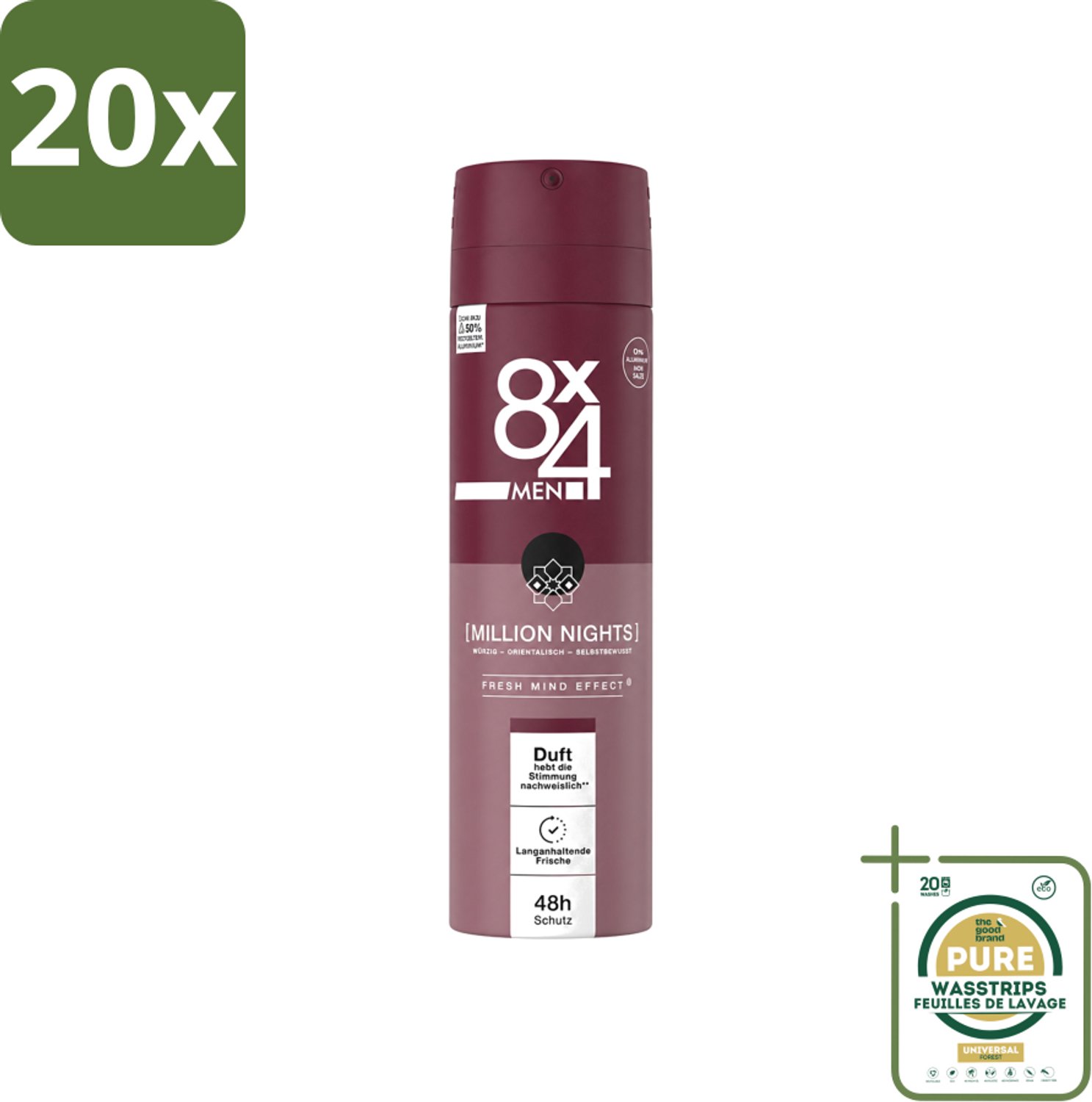 20 x 8 x 4 Deospray Men - No.18 Millions Nights - Deodorant - Voor Heren - 150 ml - Wasstrips - Deodorant Voor Heren - Avondgeur - Langdurige Bescherming - Zweetbestendig - Verleidelijke Geur