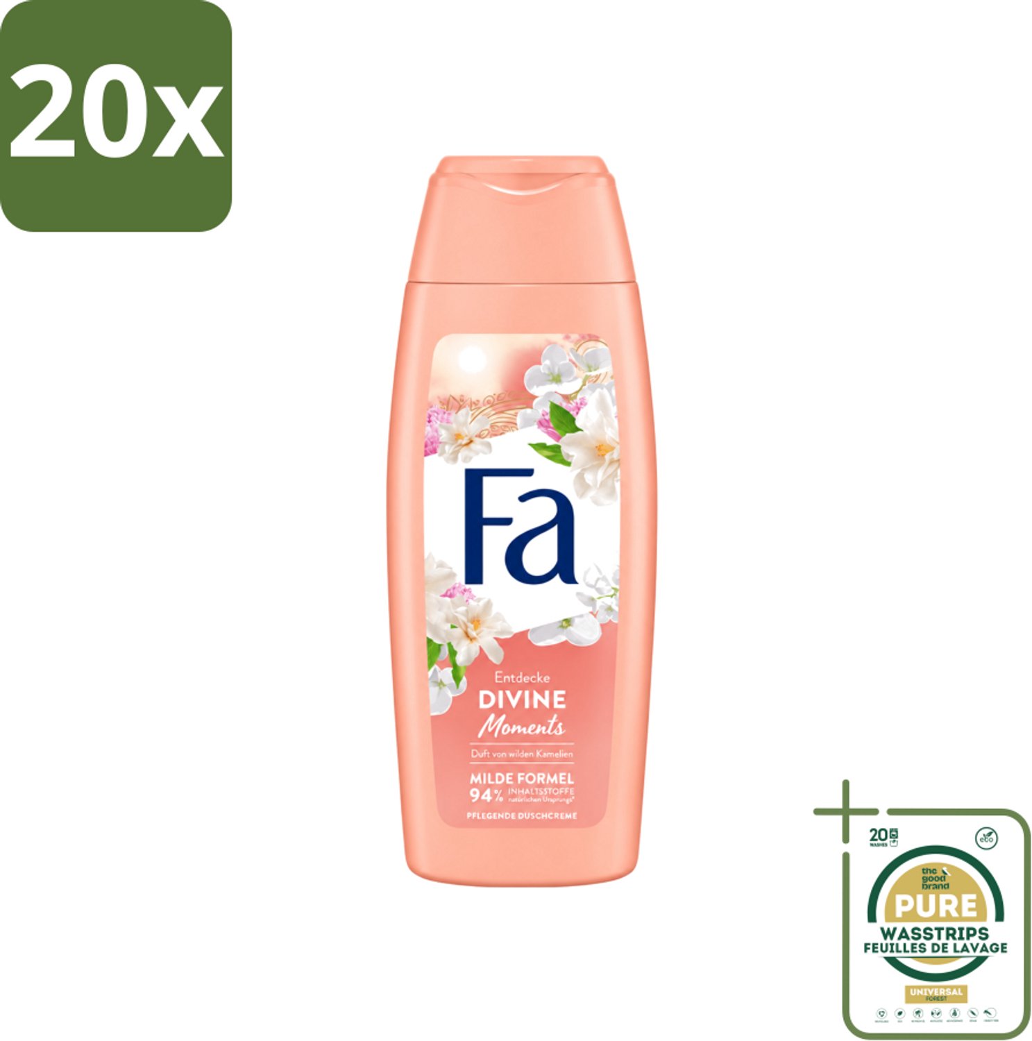 20 x Fa - Douchecrème - Divine Moments - Verzorgen & Voeden - Verfrissend - 250 ml - Wasstrips - Douchecrème - Douchecreme - Douchecreme Divine Moments - Douchecreme Wilde Camelia's - Douchecreme Verzorging