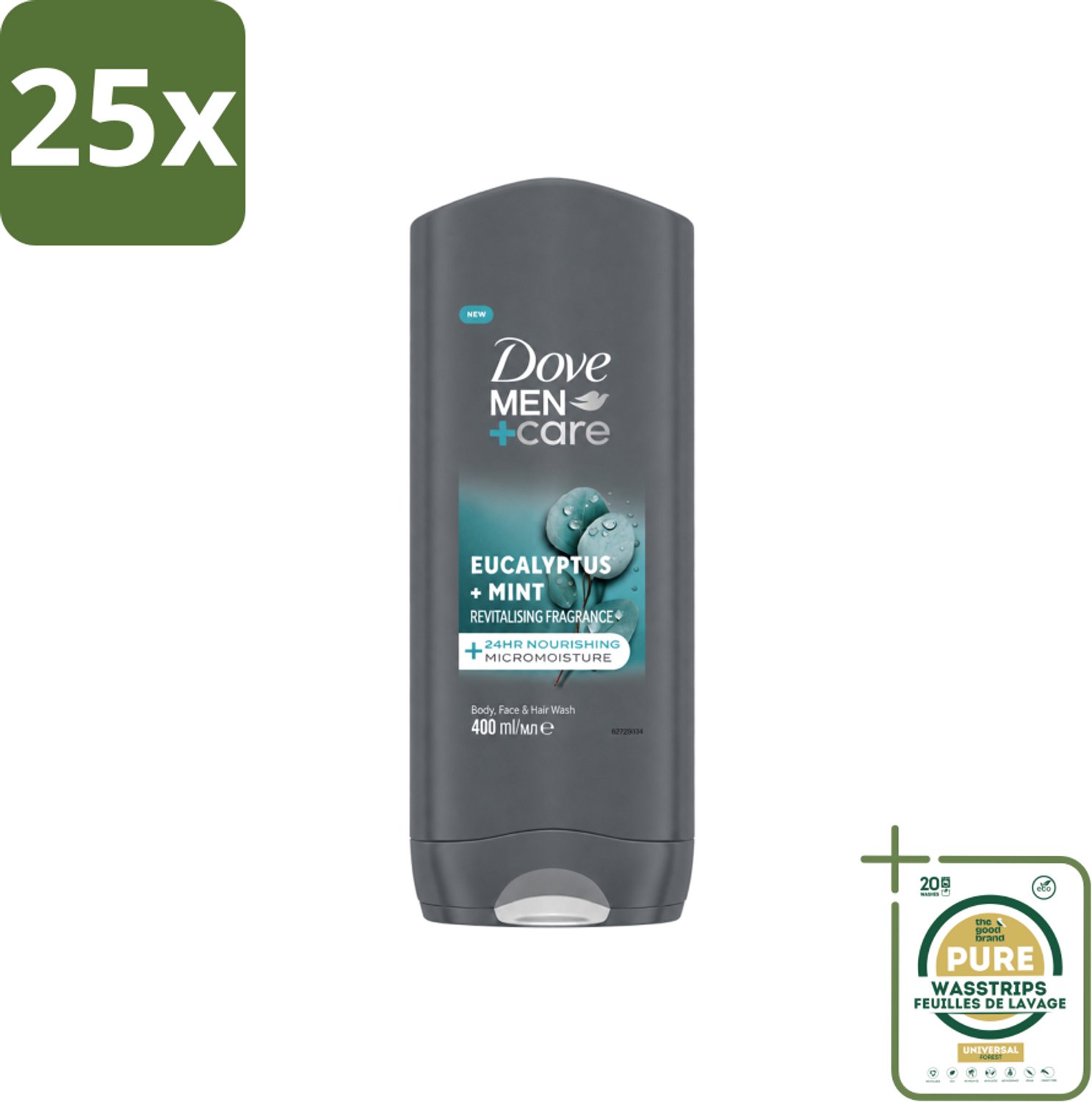 25 x Dove - Douchegel - Men+ Care Eucalyptus + Mint - Verfrissend en kalmerend - 400 ml - Wasstrips - Douchegel Mannen - Eucalyptus Mint - Hydratatie Huid - 3 In 1 Douchegel - Huidverzorging Mannen