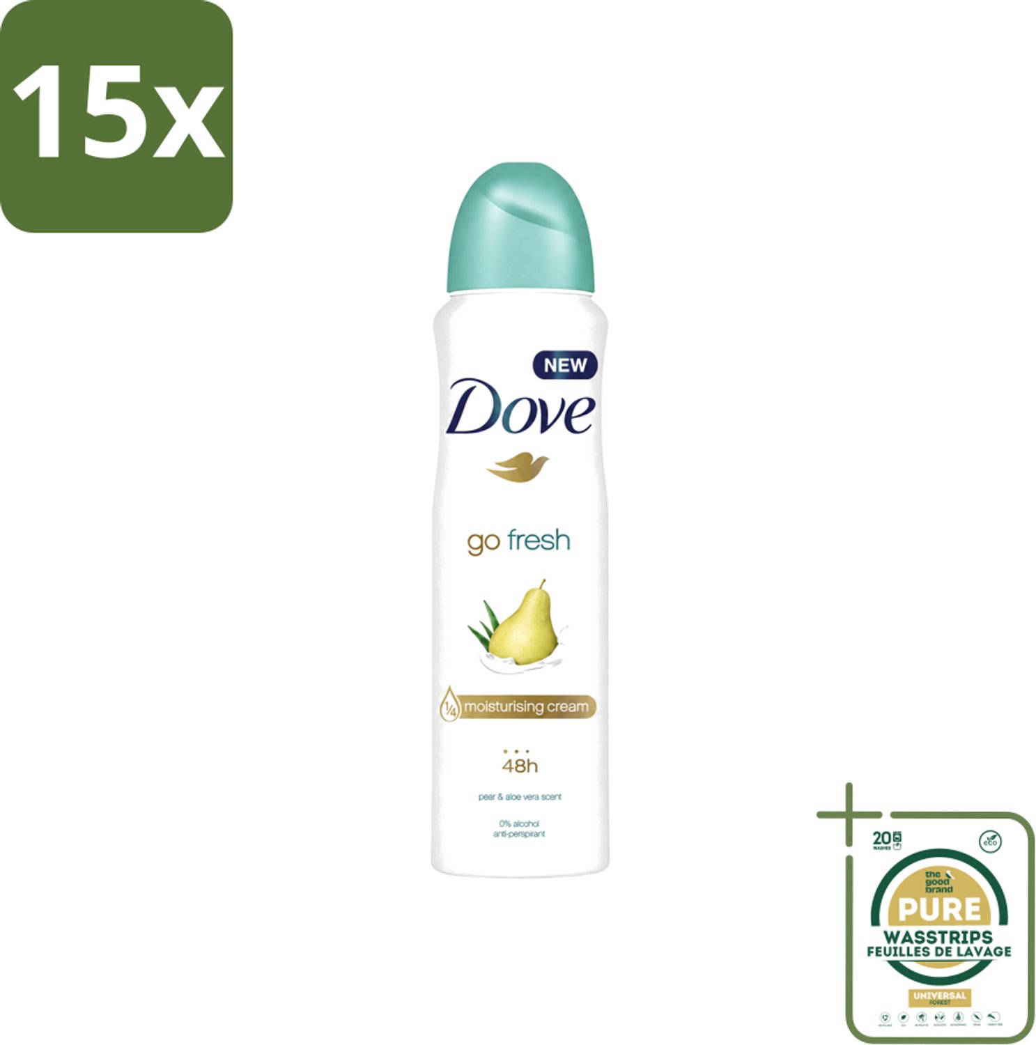 15 x Dove - Deodorant - Spray Go Fresh Pear & Aloe - Frisse en verzorgende geur - 250 ml - Wasstrips - Dove Deodorant Spray - Anti-transpirant Spray - Frisse Geur - Peer En Aloë Vera - Oksel Verzorging