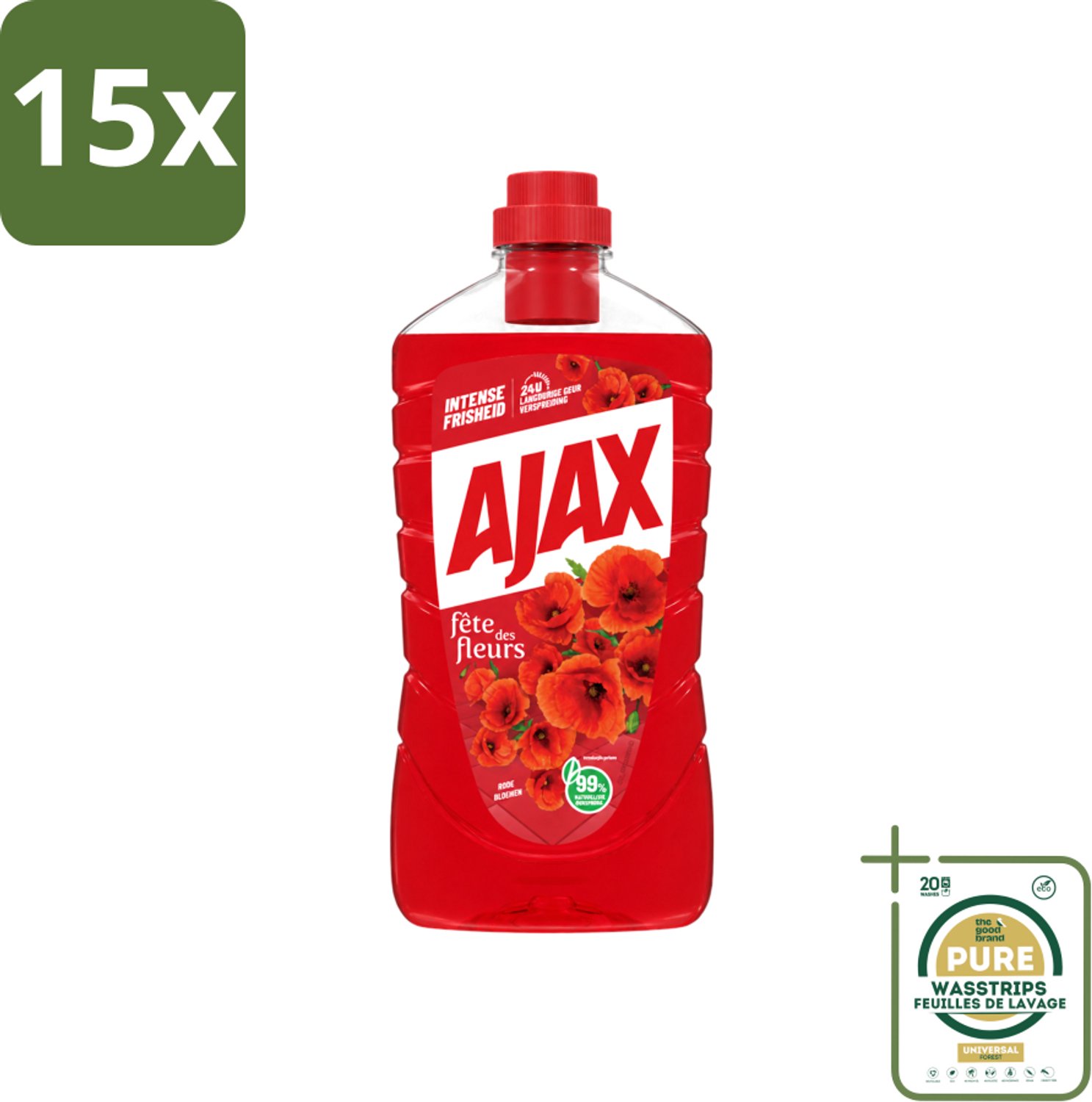 15 x Ajax - Allesreiniger - Fête des Fleurs - Intense Frisheid - Langdurige Geurverspreiding - 1 L - Wasstrips - Allesreiniger - Reinigingsmiddel - Frisheid - Geur - Natuurlijke Reiniging