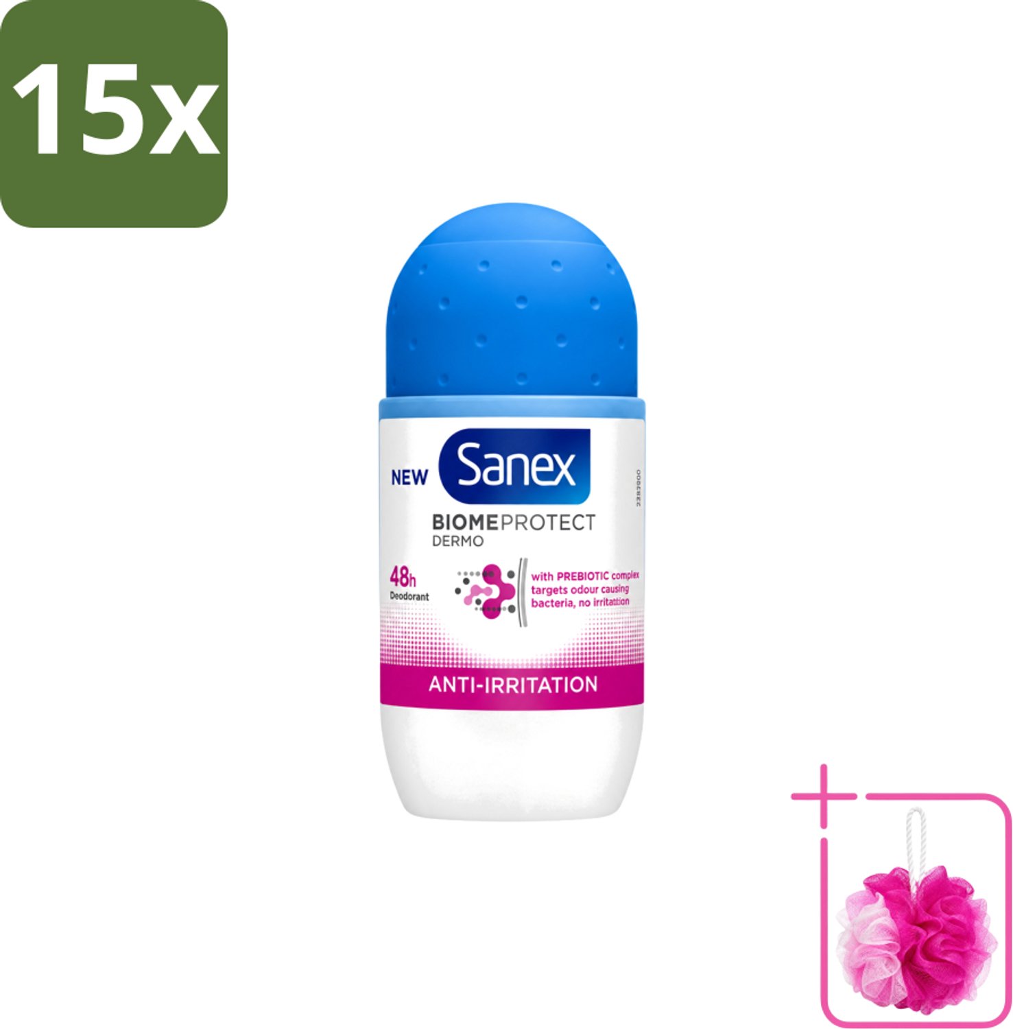 15 x Sanex – Deo Roll-on – BiomeProtect Dermo Anti-Irritation – 50 ml - Bulkverpakking - Gevoelige huid - Douchemop - Anti-irritatie