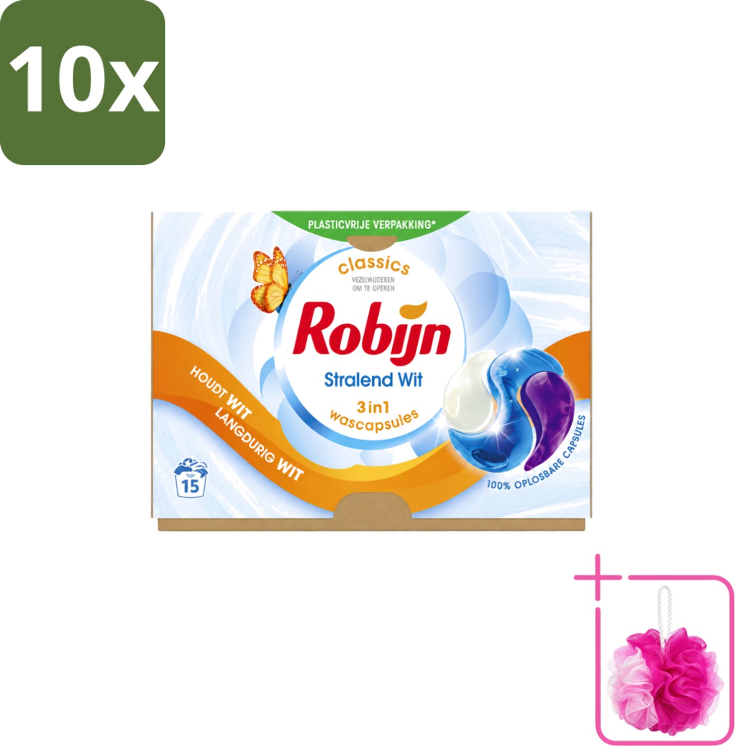 10 x Robijn – 3-in-1 Wascapsules – Stralend Wit – 15 capsules - Bulkverpakking - Wit was - Douchemop - Stralend Wit