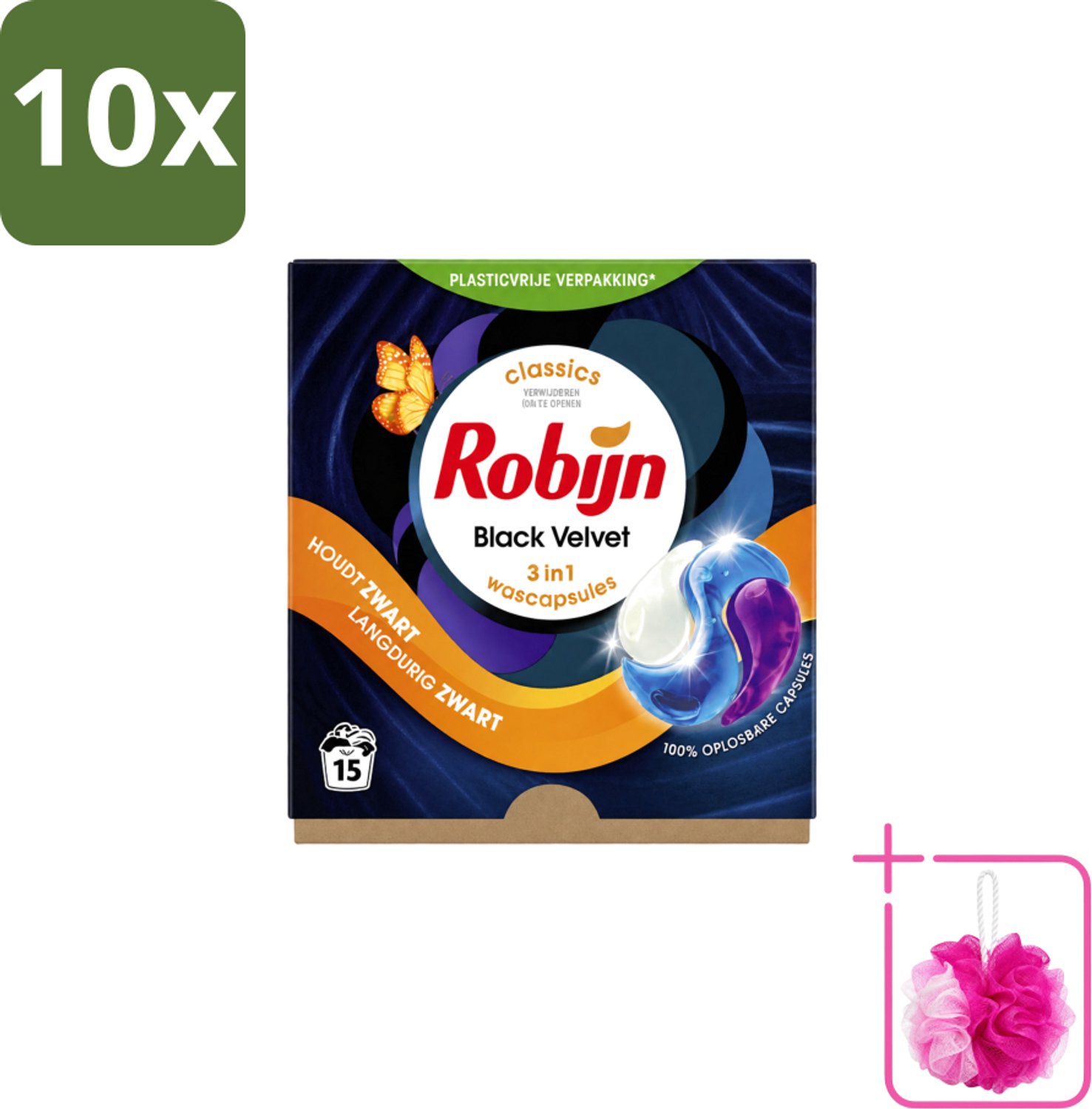 10 x Robijn – 3-in-1 Wascapsules – Black Velvet – 15 capsules - Bulkverpakking - Zwarte was - Douchemop - Zwart kleding