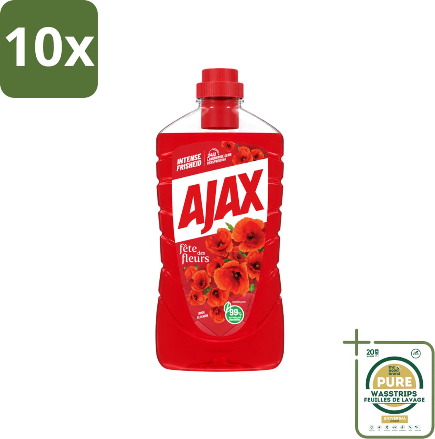 10 x Ajax - Allesreiniger - Fête des Fleurs - Intense Frisheid - Langdurige Geurverspreiding - 1 L - Wasstrips - Allesreiniger - Reinigingsmiddel - Frisheid - Geur - Natuurlijke Reiniging
