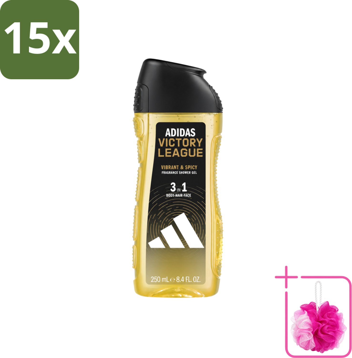 15 x Adidas - 3-in-1 Douchegel - Victory League - Vibrant & Spicy - Gerecyclede Verpakking - 250 ml - Bulkverpakking - Douchegel - Douchemop - 3-in-1