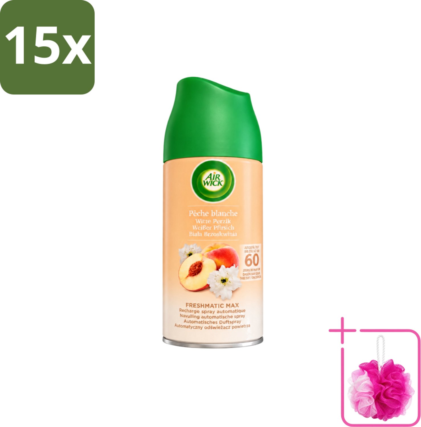 15 x Air Wick - Luchtverfrisser Navulling - Witte Perzik - Automatische Spray - 250 ml - Bulkverpakking - Luchtverfrisser - Douchemop - Geurverspreiding