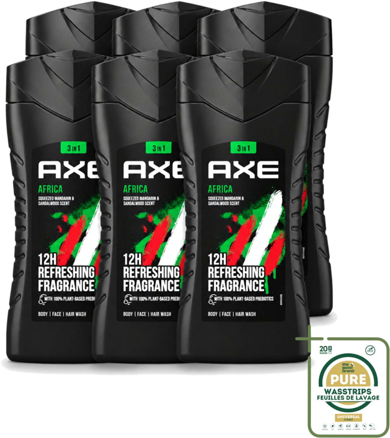 6 x Axe - 3-in-1 Douchegel - Africa - Squeezed Mandarin & Sandalwood - 100% Plantaardig - 250 ml - Wasstrips - Axe Africa Douchegel - Douchegel - 3-in-1 Douchegel - 100% Plantaardig - Mandarin En Sandalwood