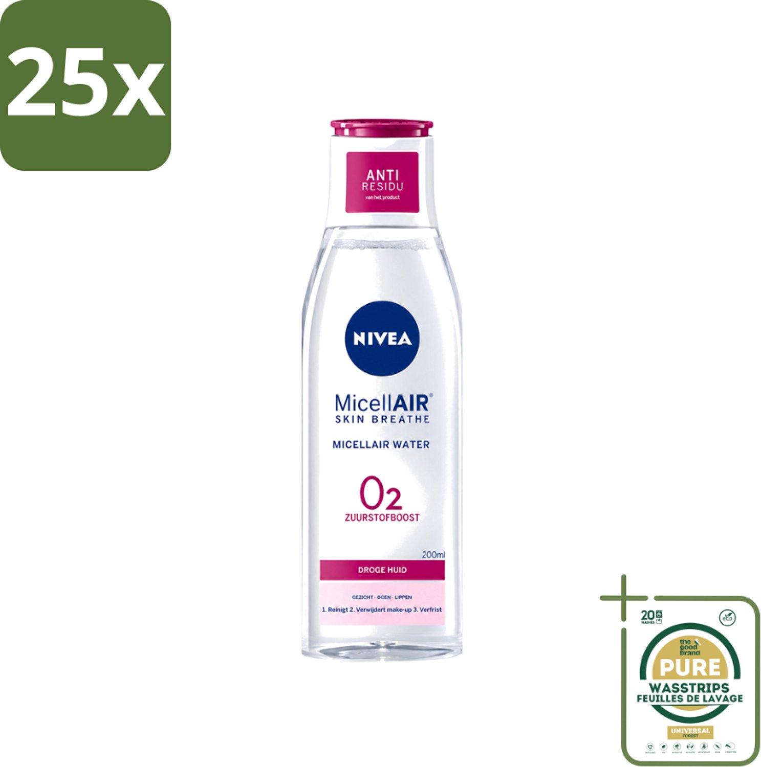 25 x Nivea - O2 Zuurstofboost Micellair Water - Droge Huid - 200 ml - Wasstrips - Micellair Water - Droge Huid - Zuurstofboost - Reiniging - Hydratatie