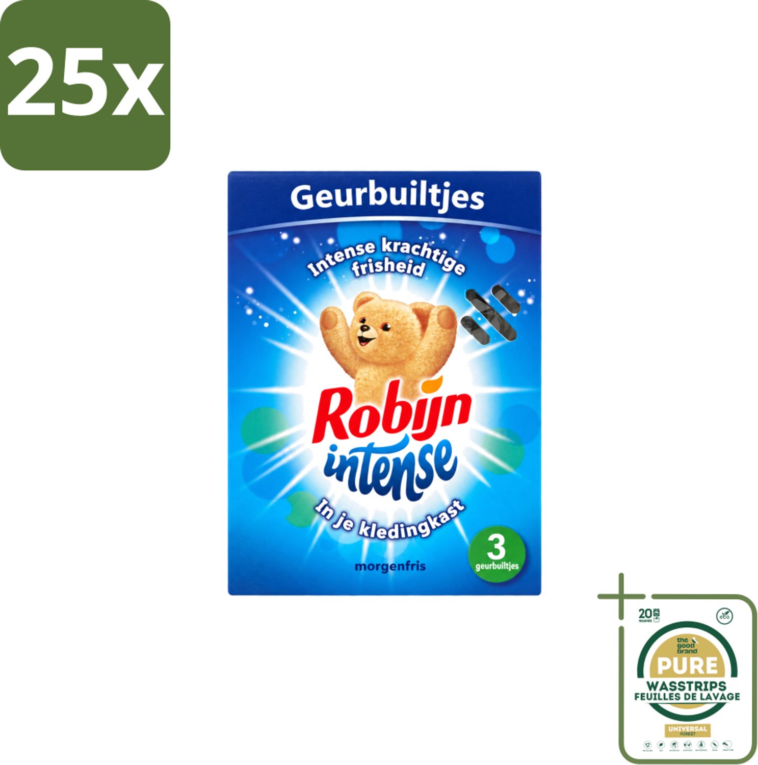 25 x Robijn - Intense - Geurbuiltjes - Langdurige Geur - Intense Frisheid - 3 Geurbuiltjes - Wasstrips - Geur In Kleding - Langdurige Geur - Frisse Geur - Geurbuiltjes - Kledingkast Geur