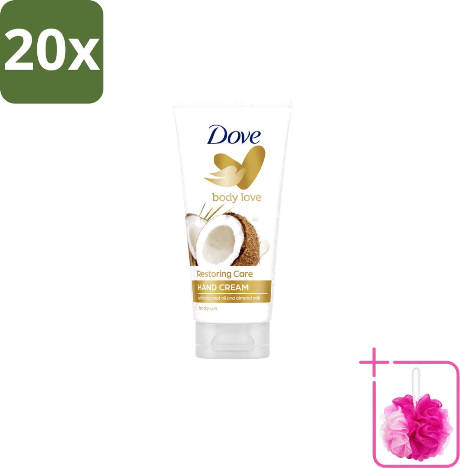 20 x Dove - Handcrème - Body Love Restoring Care - Kokos & Almond - Hydraterend - Droge huid - 75 g - Bulkverpakking - Handcrème - Douchemop - Droge huid