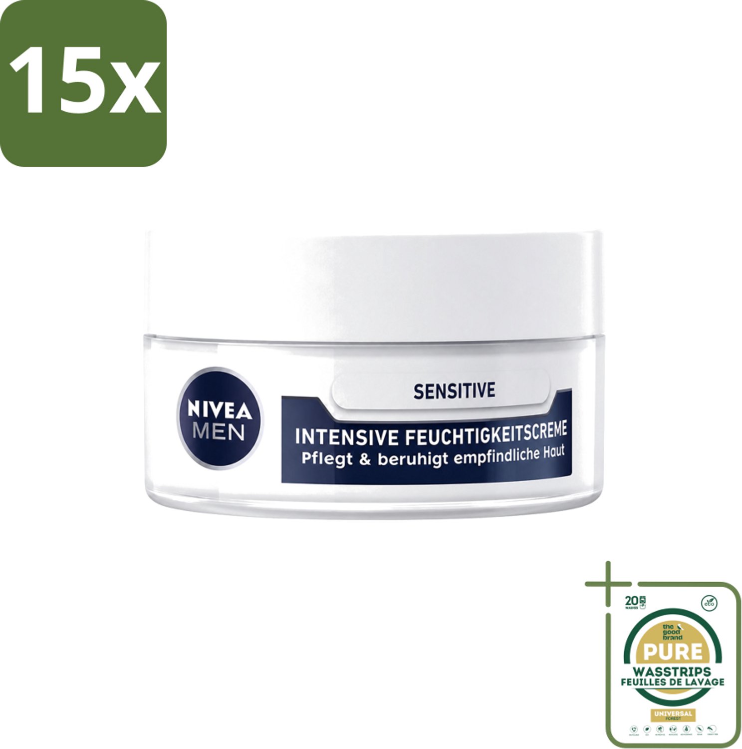 15 x Nivea Men – Gezichtscrème – Sensitive Intensive – 50 ml - Wasstrips - Gevoelige Huid - Gezichtscrème - Mannelijke Huid - Intensieve Hydratatie - Kamille Extract