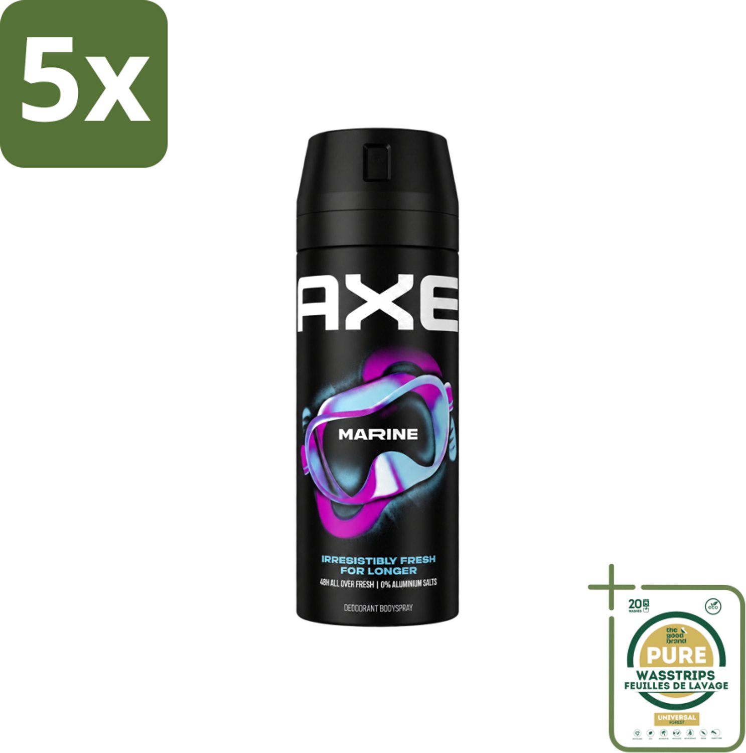 5 x Axe - Deodorant Bodyspray - 100% Fresh Fragrance - Marine - Sea Breeze & Sage - 150 ml - Wasstrips - Axe Marine - Deodorant Bodyspray - Zeebries - Salie - 48 Uur Geur