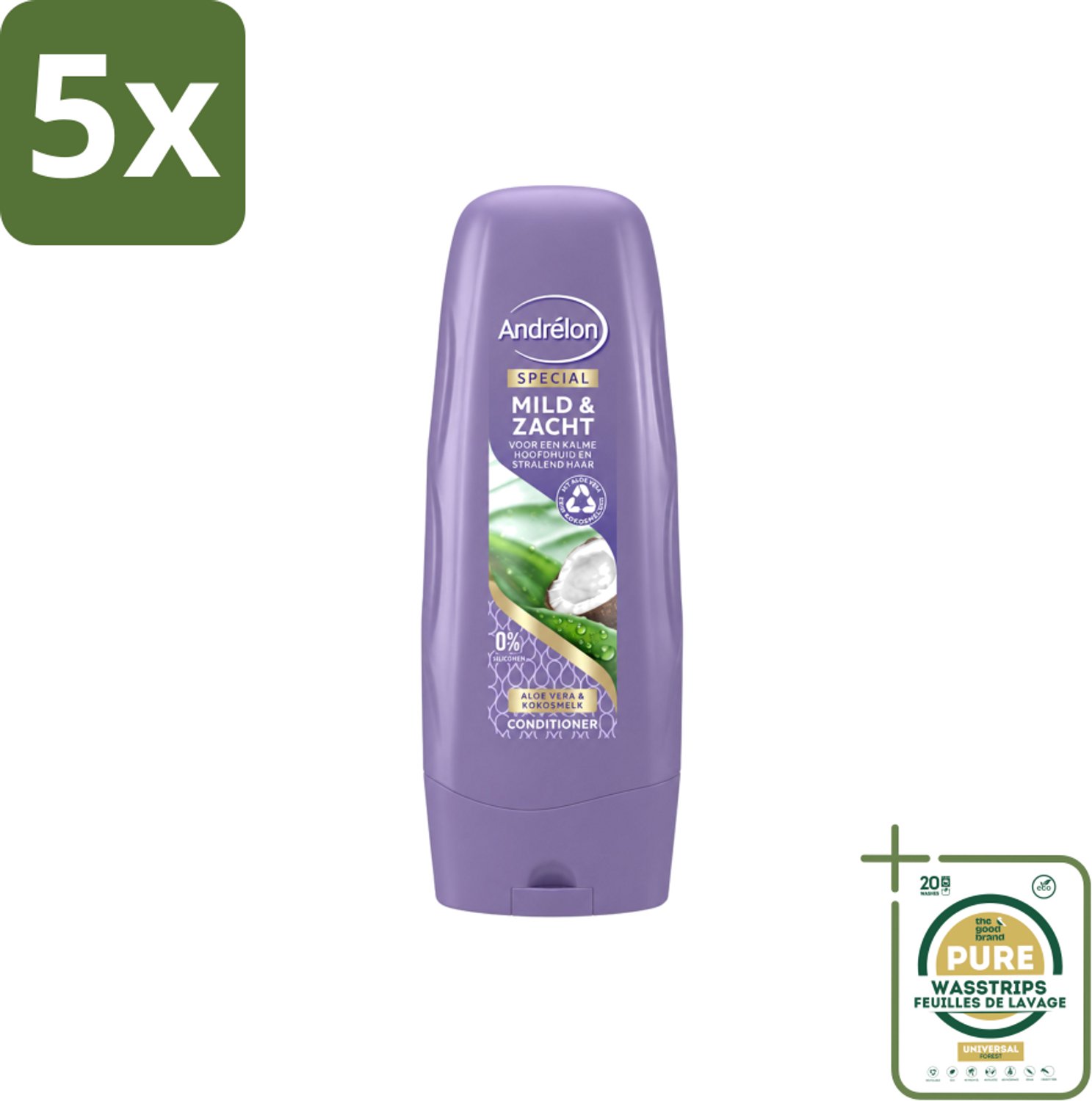 5 x Andrélon - Mild & Zacht - Conditioner - Voor Gevoelige Hoofdhuid - 300 ml - Wasstrips - Gevoelige Hoofdhuid - Droge Hoofdhuid - Zachte Haar - Glanzend Haar - Kokosgeur