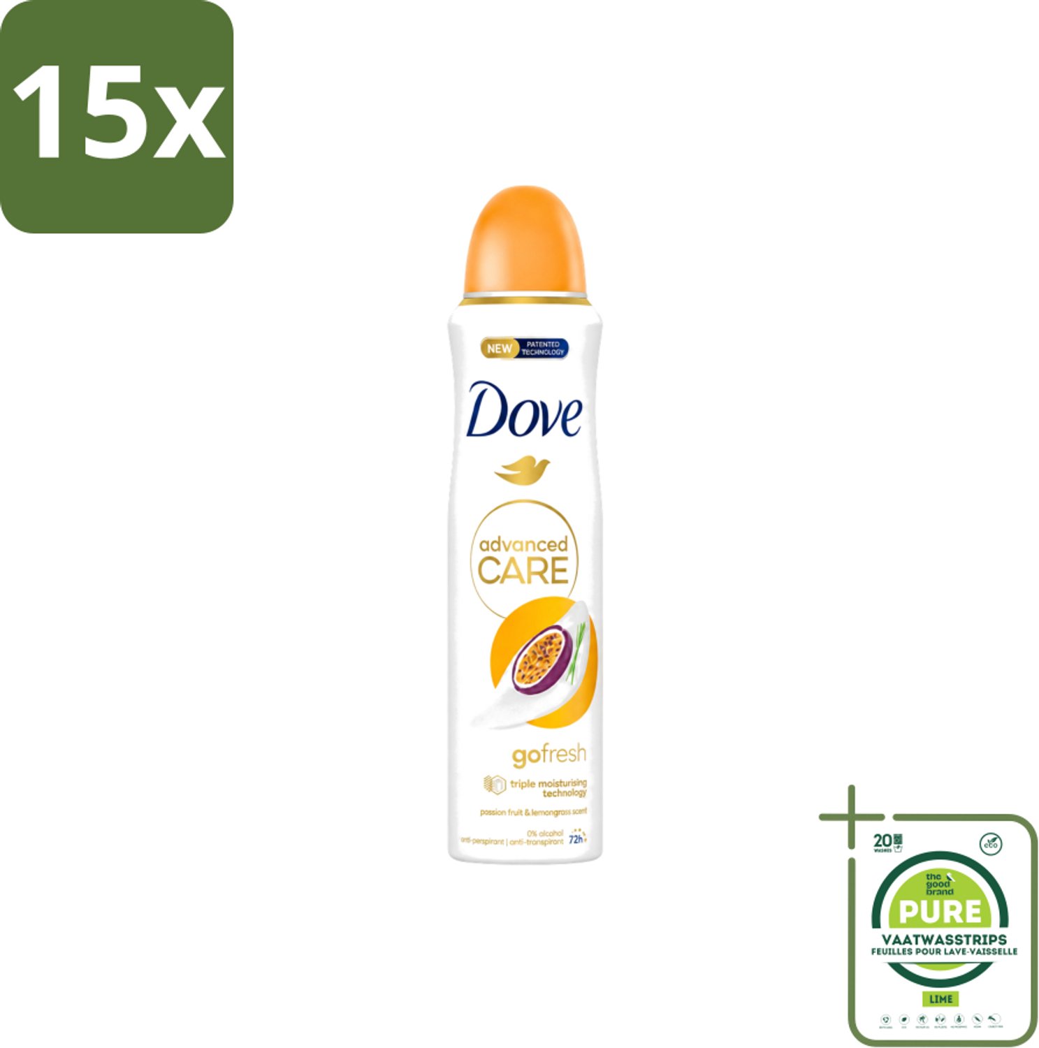 15 x Dove – Deodorant Spray – Passion Fruit – 250 ml - Grootverpakking - Vaatwasstrips - Passievrucht Deodorant - Frisse Geur - Oksel Verzorging - Transpiratiegeur - Mild Voor Huid