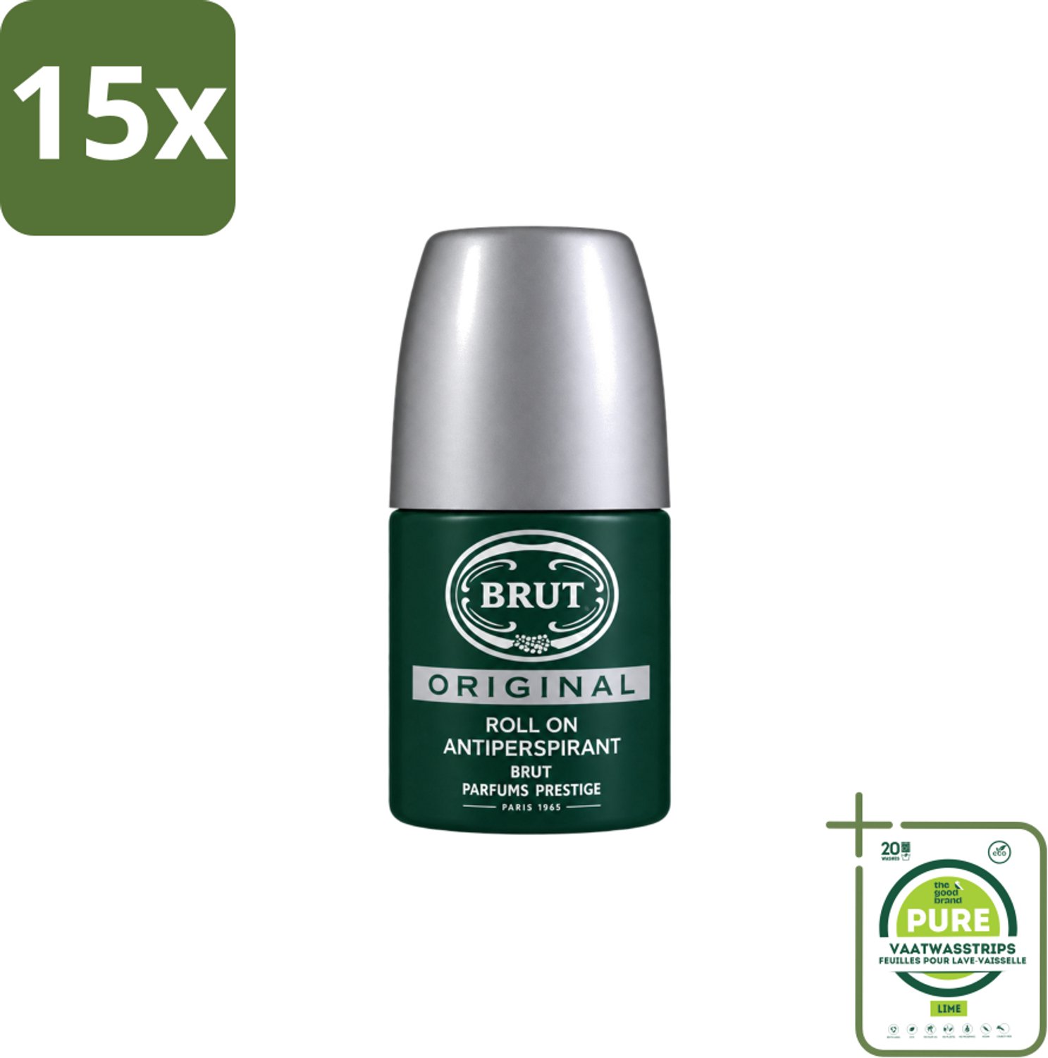 15 x Brut – Deodorant Roll-On – Original – Glas – 50 ml - Grootverpakking - Vaatwasstrips - Deodorant Voor Mannen - Zweetgeur Bestrijding - Fris Gevoel - Klassieke Geur - Roll-on Deodorant