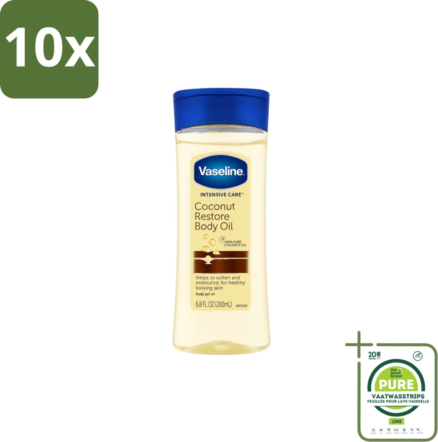 10 x Vaseline – Body Oil – Coconut Restore – 200 ml - Grootverpakking - Vaatwasstrips - Lichaamsolie - Hydraterende Olie - Kokosolie - Huidverzorging - Droge Huid