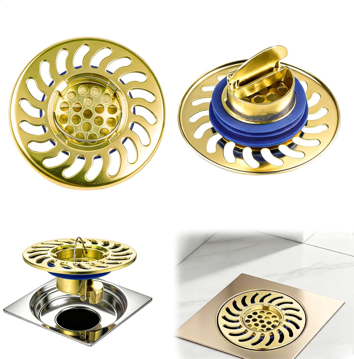 Anti-geur, terugslagklep met groot filter, voor balkon, keuken, badkamer, snelle waterafvoer, gemakkelijk te reinigen, 2 stuks, koperkleur