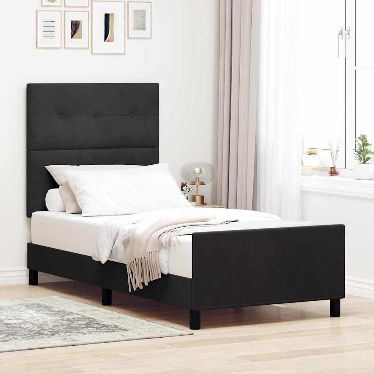 Boxspringbed met hoofdeinde Zwart 80 x 200 cm Fluweel - Luxe fluwelen bedframe met verstelbaar hoofdbord, stevig houten lattenbodem, modern design voor eenpersoons slaapkamer, eenvoudig te monteren