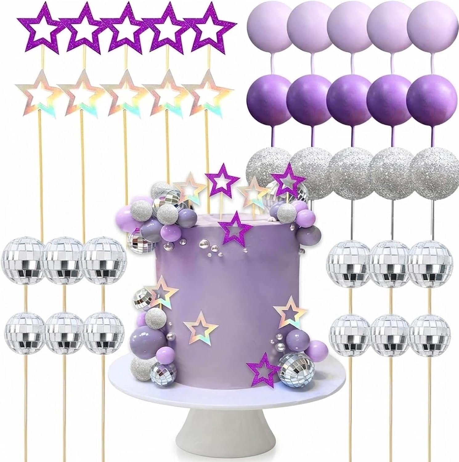 Disco bal taarttoppers 35 stuks - Retro jaren 80 dansende koningin verjaardagstaart decoraties met zilveren glitter sterren en vlinders, nieuwigheid cupcake plectrums voor vrouwen