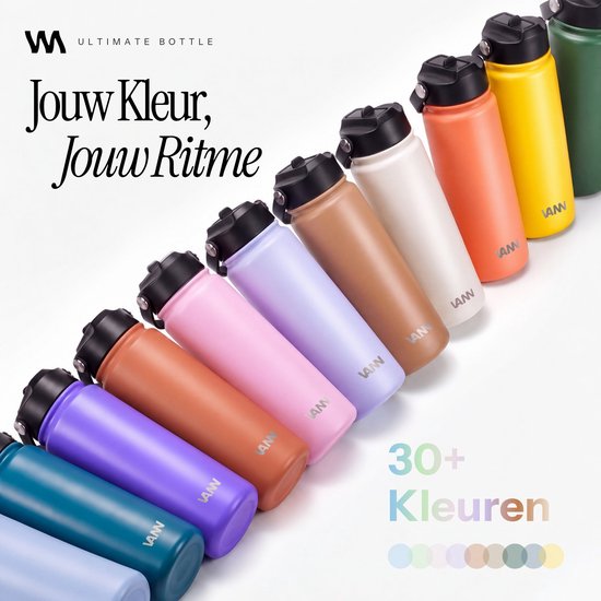Rij van kleurrijke VANN-drinkflessen met zwarte dop, met tekst "Jouw Kleur, Jouw Ritme" en "30+ Kleuren".