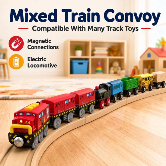 Trein, speelgoed voor kinderen, 3, 4, 5, 6 jaar, elektrische actietrain met batterijen, voertuigen met geluid en licht, spoorwegspeelgoed van hout, compatibel met Thomas Brio — afbeelding 5