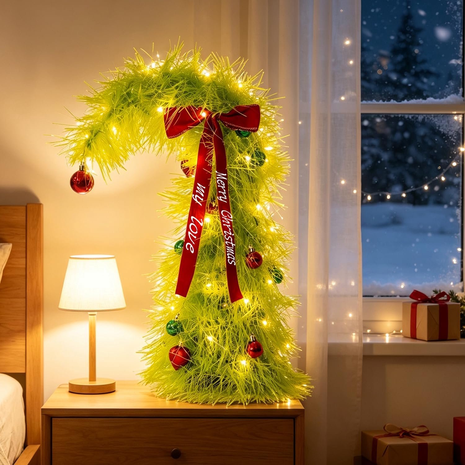 50cm Tafelblad Grinch Boom met Licht en Ornament, Fluwelen Strik