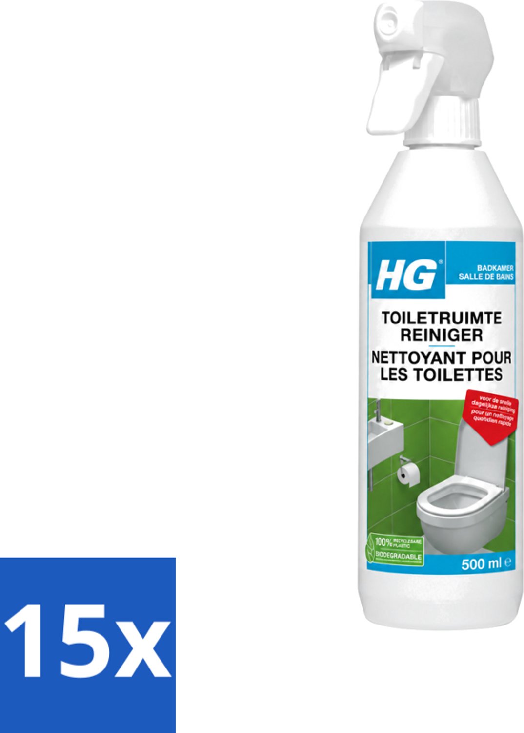 15 x HG - Badkamer - Toiletruimte Reiniger - Snelle Dagelijkse Reiniging - 500 ml - Voordeelverpakking - 15 stuks