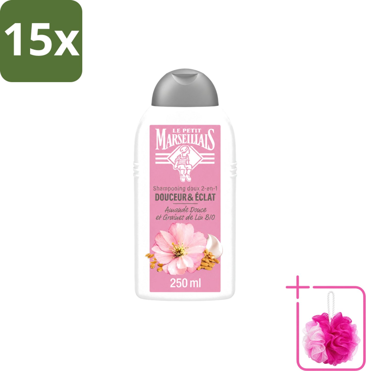 15 x Le Petit Marseillais – Shampoo – Amande Douce & Graines de Lin Bio – 250 ml - Bulkverpakking - Shampoo Amande Douce - Douchemop - Shampoo Linzaad