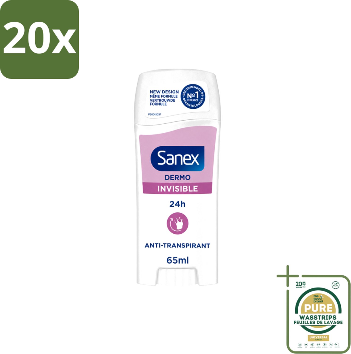 20 x Sanex – Deodorant Stick – Dermo Invisible – 65 ml - Wasstrips - Onzezichtbare Deodorantstick - Deodorantstick - Onzichtbare Deodorant - Huidvriendelijke Deodorant - Frisheid