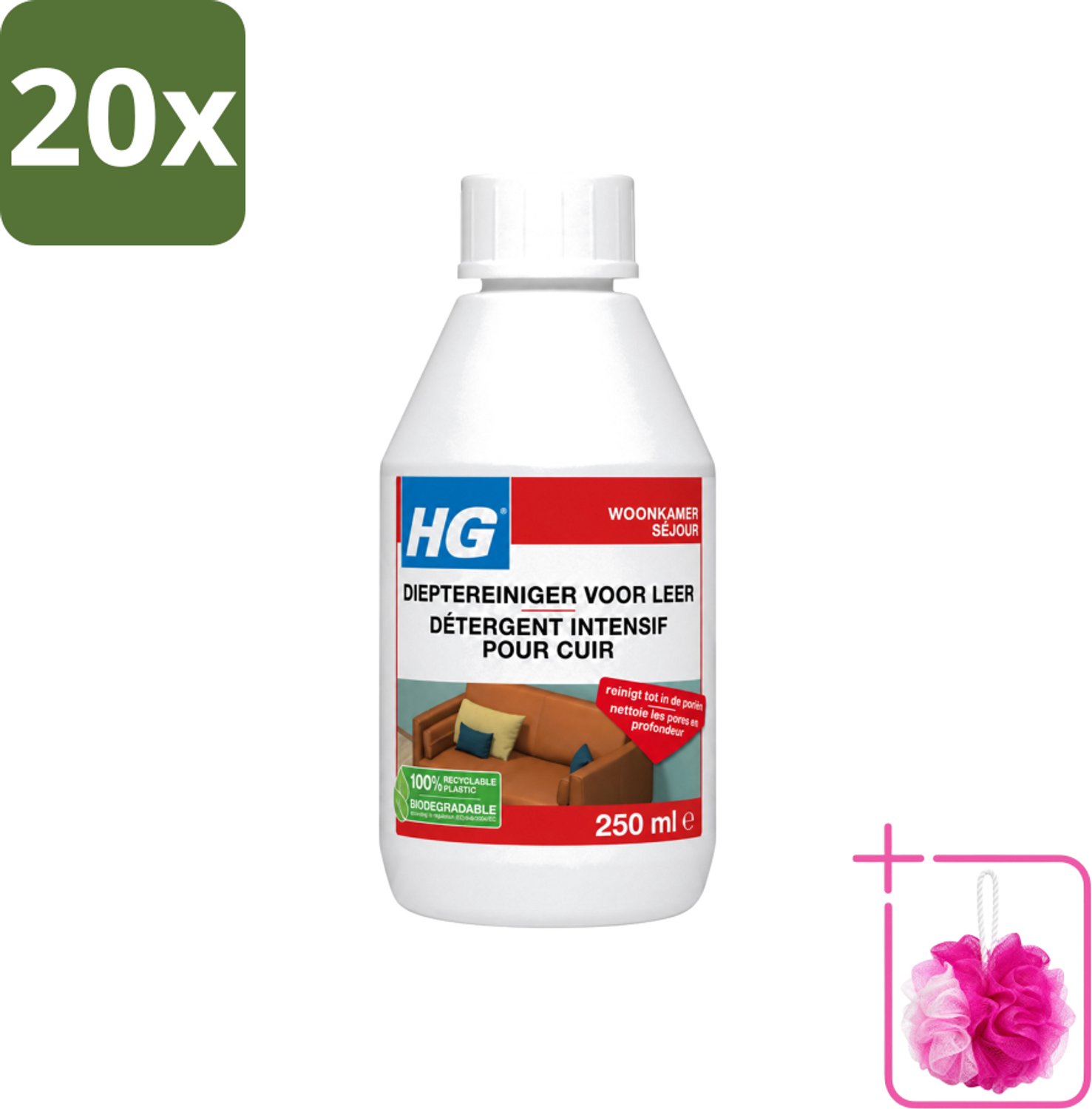 20 x HG - Dieptereiniger Voor Leer - Veilig & Milde Reiniging - 250 ml - Bulkverpakking - Leer reinigen - Douchemop - Leer reiniger