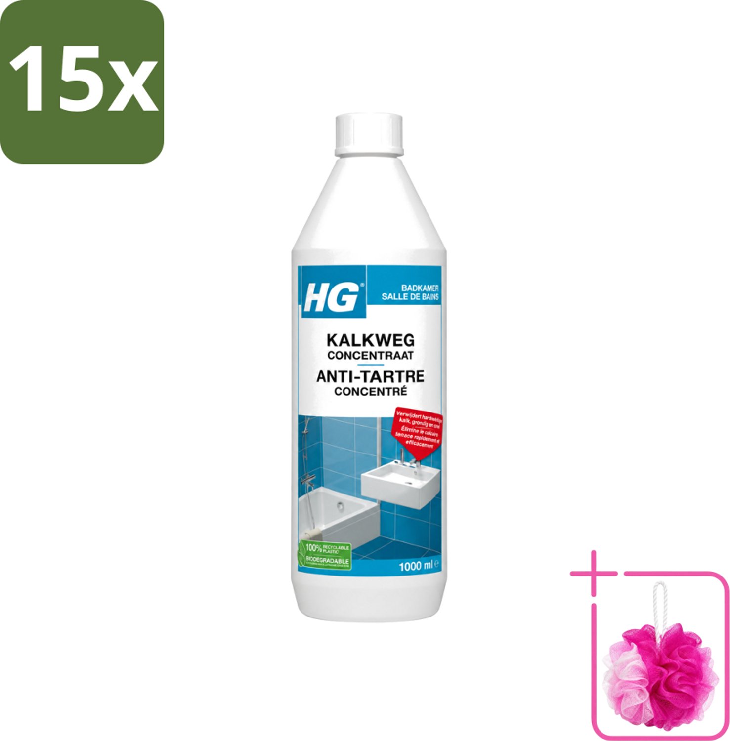 15 x HG - Badkamer - Kalkweg Concentraat - Verwijdert Hardnekkige Kalk - 1L - Bulkverpakking - Kalk weg - Douchemop - Kalk verwijderen
