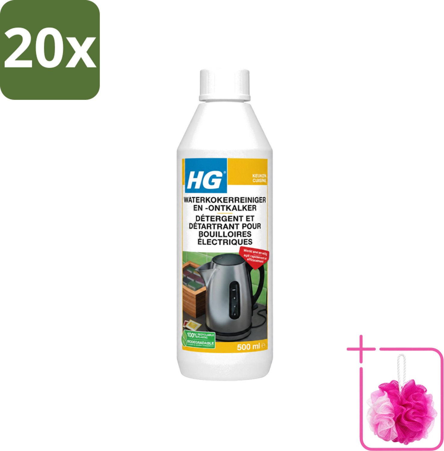 20 x HG - Waterkokerreiniger & Ontkalker - Snel & Veilig Resultaat - 500 ml - Bulkverpakking - Waterkoker reinigen - Douchemop - Waterkoker ontkalken