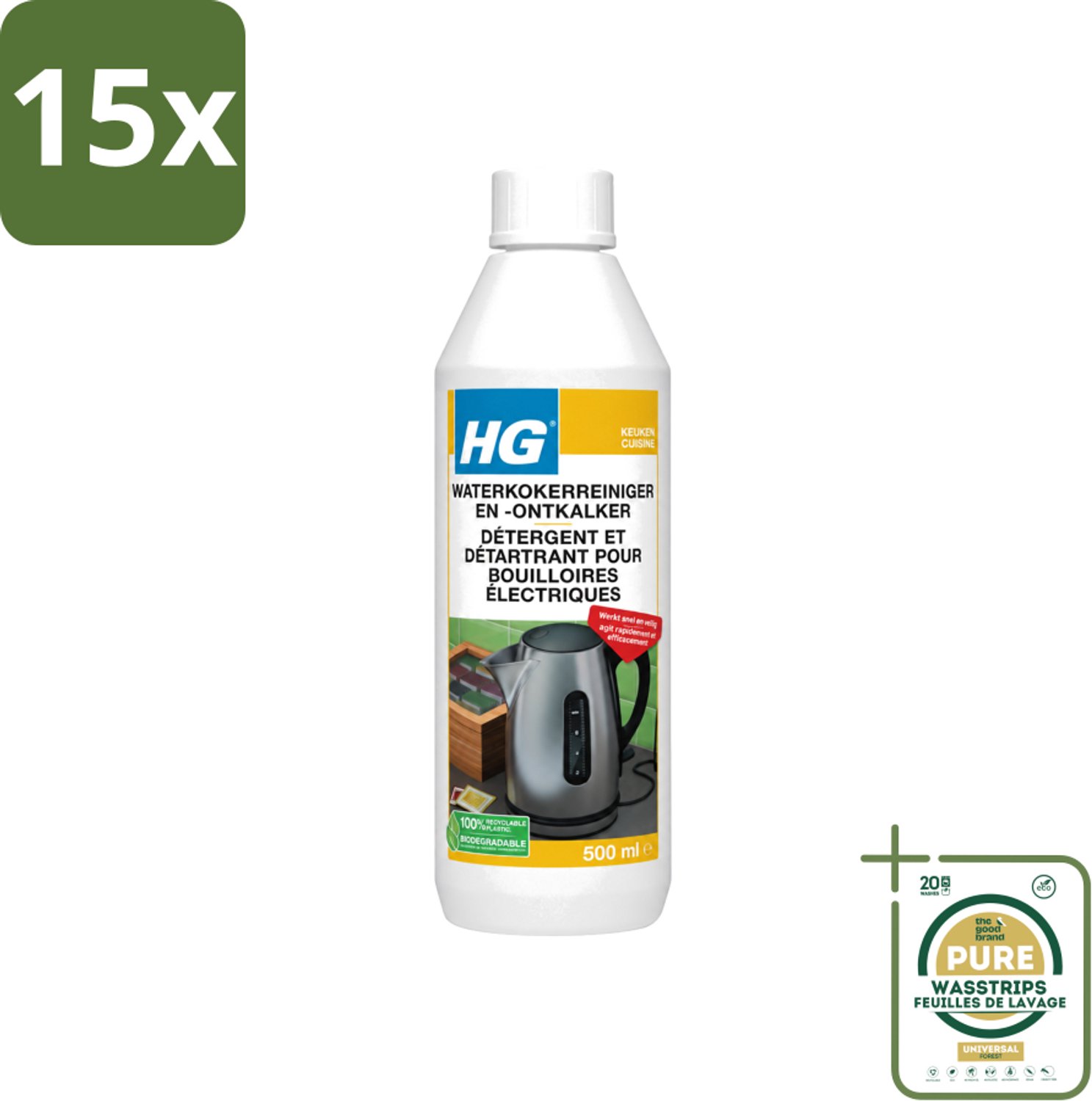 15 x HG - Waterkokerreiniger & Ontkalker - Snel & Veilig Resultaat - 500 ml - Wasstrips - Waterkoker Reinigen - Waterkoker Ontkalken - Kalkaanslag Verwijderen - Waterkoker Reinigingsmiddel - Waterkoker Ontstofverwijderen
