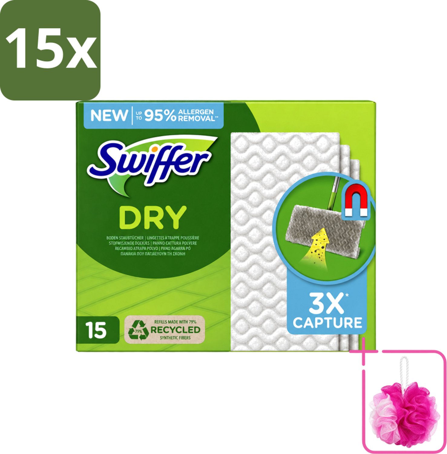 15 x Swiffer Dry - Vloerdoekjes - Navulling - Gerecyclede Fibers - 15 Doekjes - Bulkverpakking - Stofwisdoekjes - Douchemop - Stof opnemen