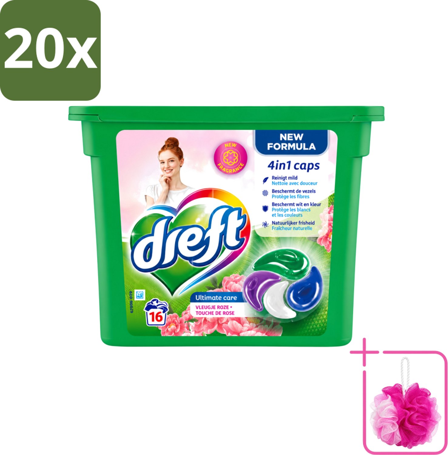 20 x Dreft - Nieuwe Formule - Wasmiddelcapsules 4in1 - Witte en Gekleurde Was - Vleugje Roze - 16 Wasbeurten - Bulkverpakking - Wasmiddelcapsules - Douchemop - Wasbeurten