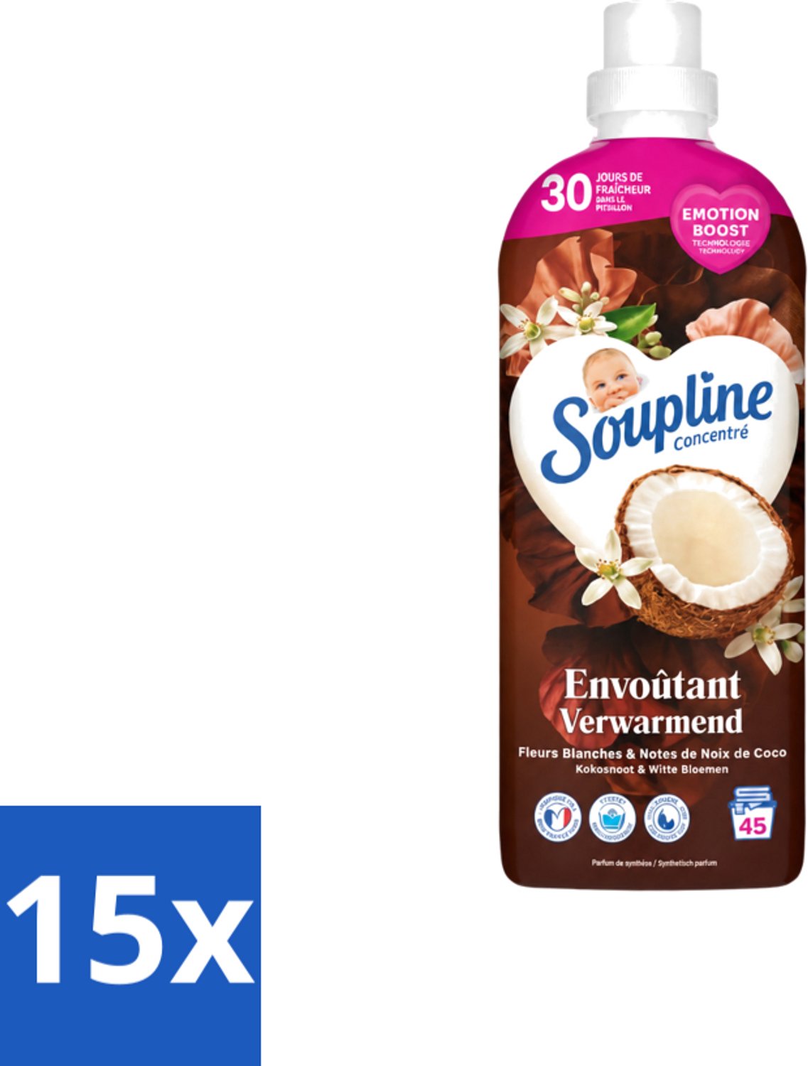 15 x Soupline – Wasverzachter – Verwarmende Kokosnoot & Witte Bloemen – 950 ml - Voordeelverpakking - 15 stuks