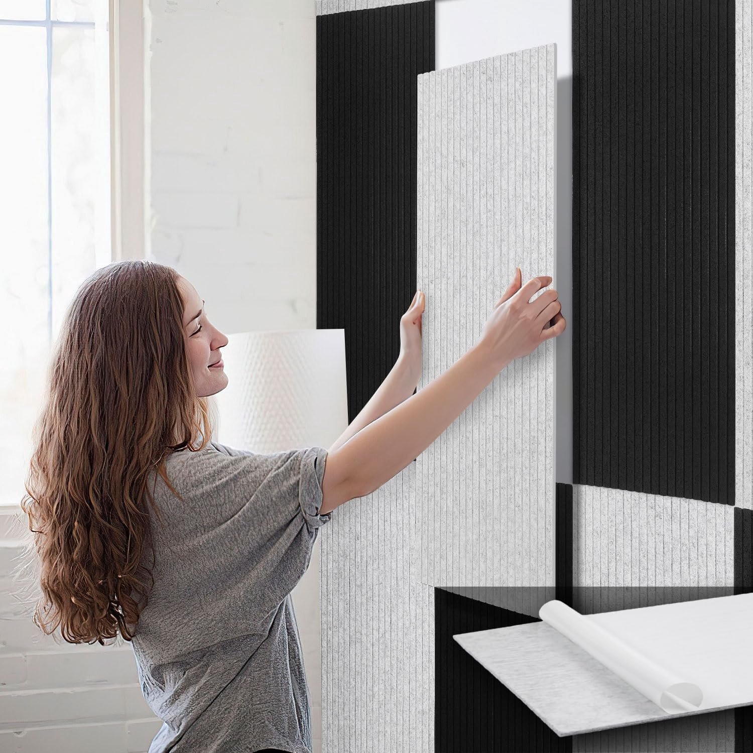 Panelen, 5,76 m², 120 x 60 cm, 8 stuks, zelfklevende akoestische platen, geluidsisolatieplaten voor thuiskantoor, woonkamer en kantoor, 100% polyester, zonder boren, geluidsisolatie